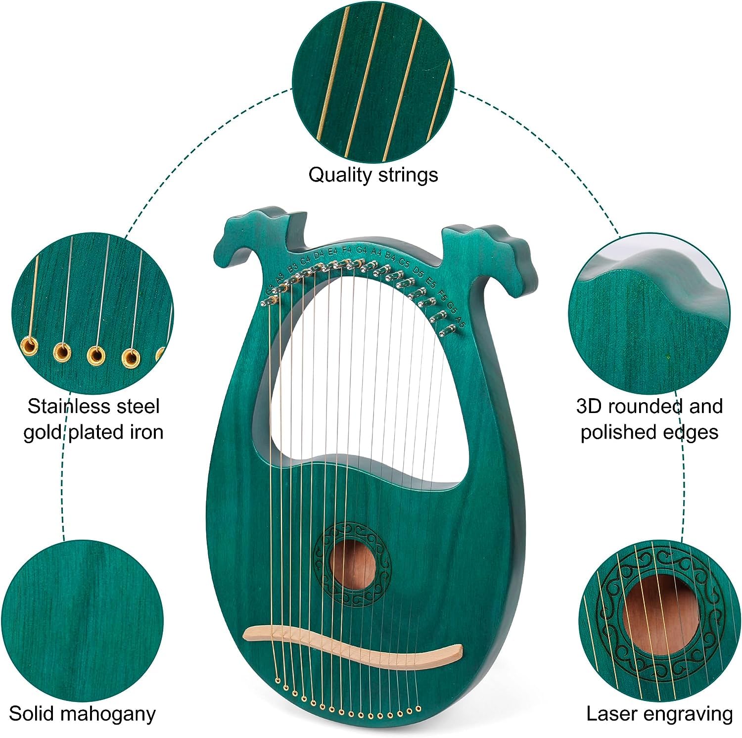Lyre Harpe 16 Cordes Métalliques en Acajou Petite Harpe Portable Harpe Lyre Métal Selle avec Clé de Réglage et Housse Noire, Vert, Bois de Cerf