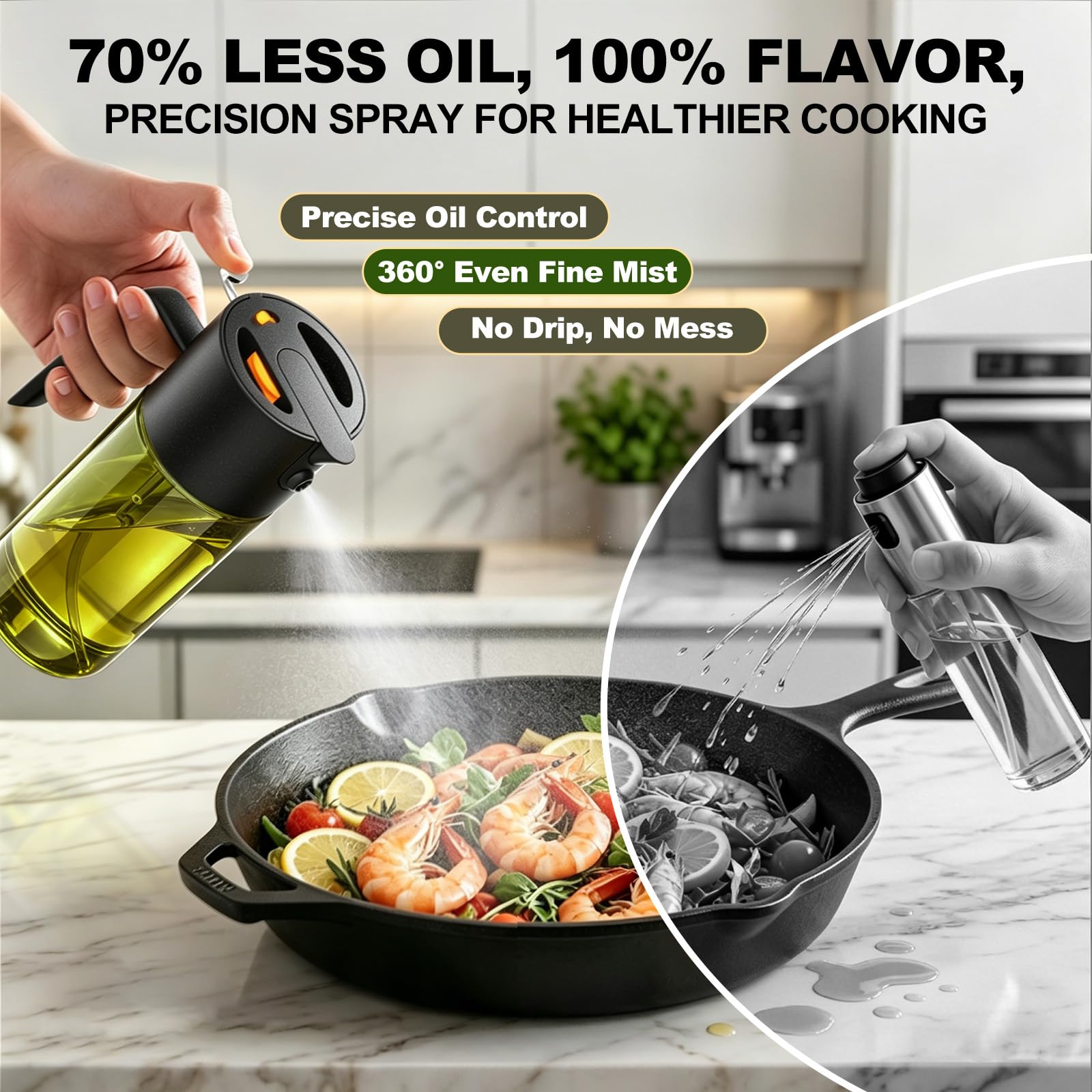 Pulverizador de aceite 2 en 1 de 500 ml para cocinar con calcomanías, botella dispensadora de aceite de oliva de vidrio para cocina, spray continuo con control de porciones, perfecto para freidora de