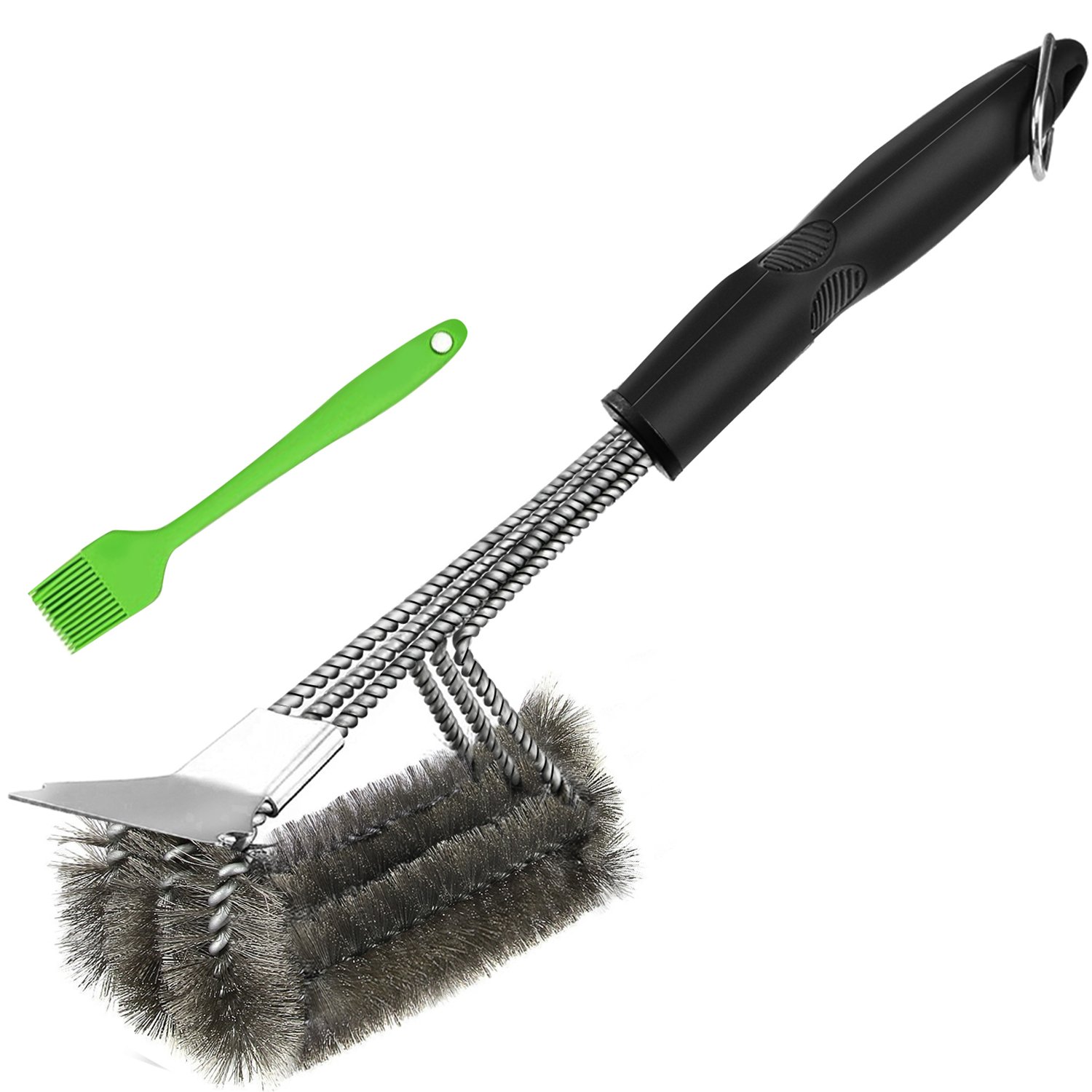 BBQ Grill Brush And Scraper - 18 Inches 3 in 1 Safe Stainless Steel Barbecue Cleaner Brush With Triple Head,silicone brush as bonus,Perfect Grill Accessories for All Barbecue Lovers