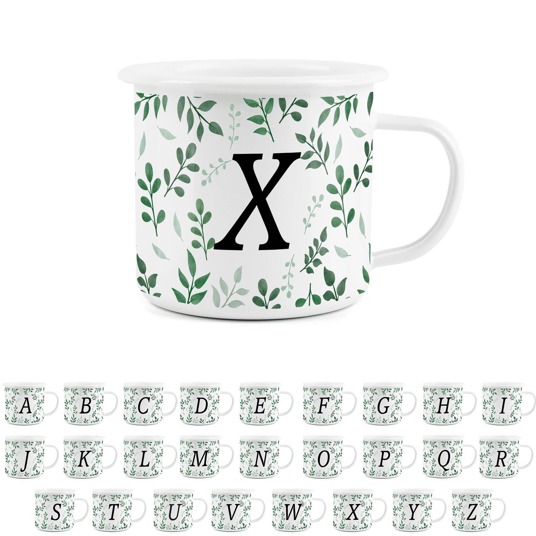 Foliage Letter X Mug -White Initial Personalised Alphabet Novelty Durable Hot Drinks Outdoor Cup for Travel Picnics Home Hiking