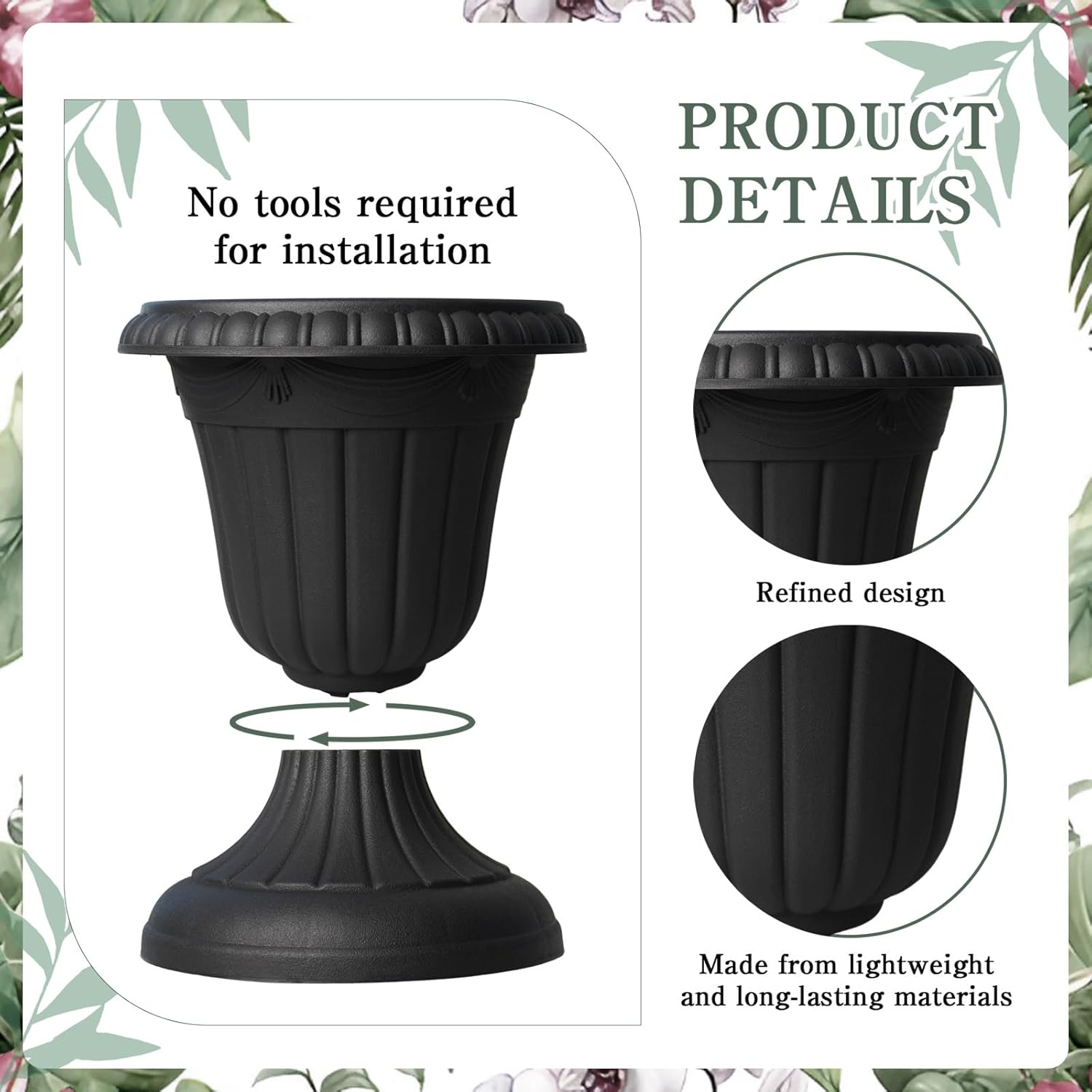 5 Pcs Plastic Urn Planter with Pedestal 10 x 11.5 Inch Black Flower Pots Classic Patio Planters for Bridal Shower Wedding Party Garden Front Porch Indoor Outdoor Home Decor