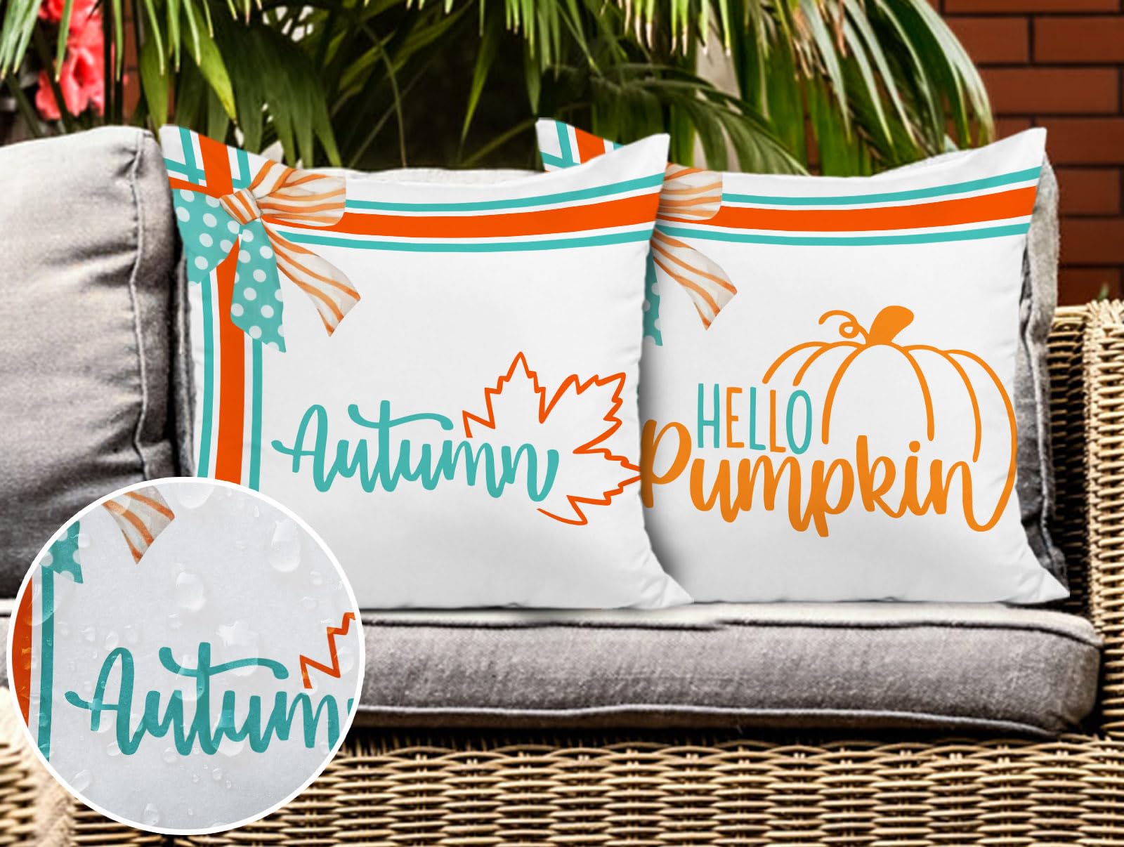 Jarrtinle Hello Pumpkin Fall Outdoor Throw Pillow Covers Waterproof 18x18 Maple Leaves Farmhouse Patio Cushion Cases Inch for Porch Couch Bench Set of 2 Thanksgiving Decorations