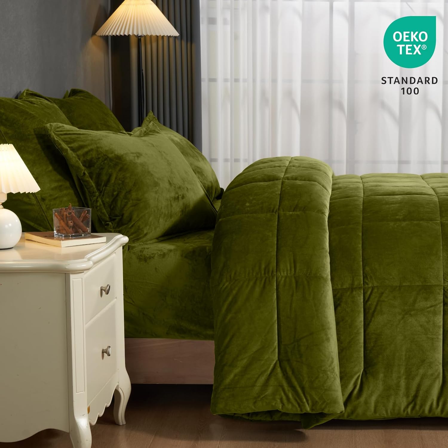 PHF Double-Sided Velvet Comforter Set Queen Size, 5 Piece Soft Luxury Winter Warm Bedding Sets, Modern Bed in A Bag Including 1 Cozy Comforter, 2 Pillow Shams, 2 Euro Shams for Home Decor, Olive Green - Image 4