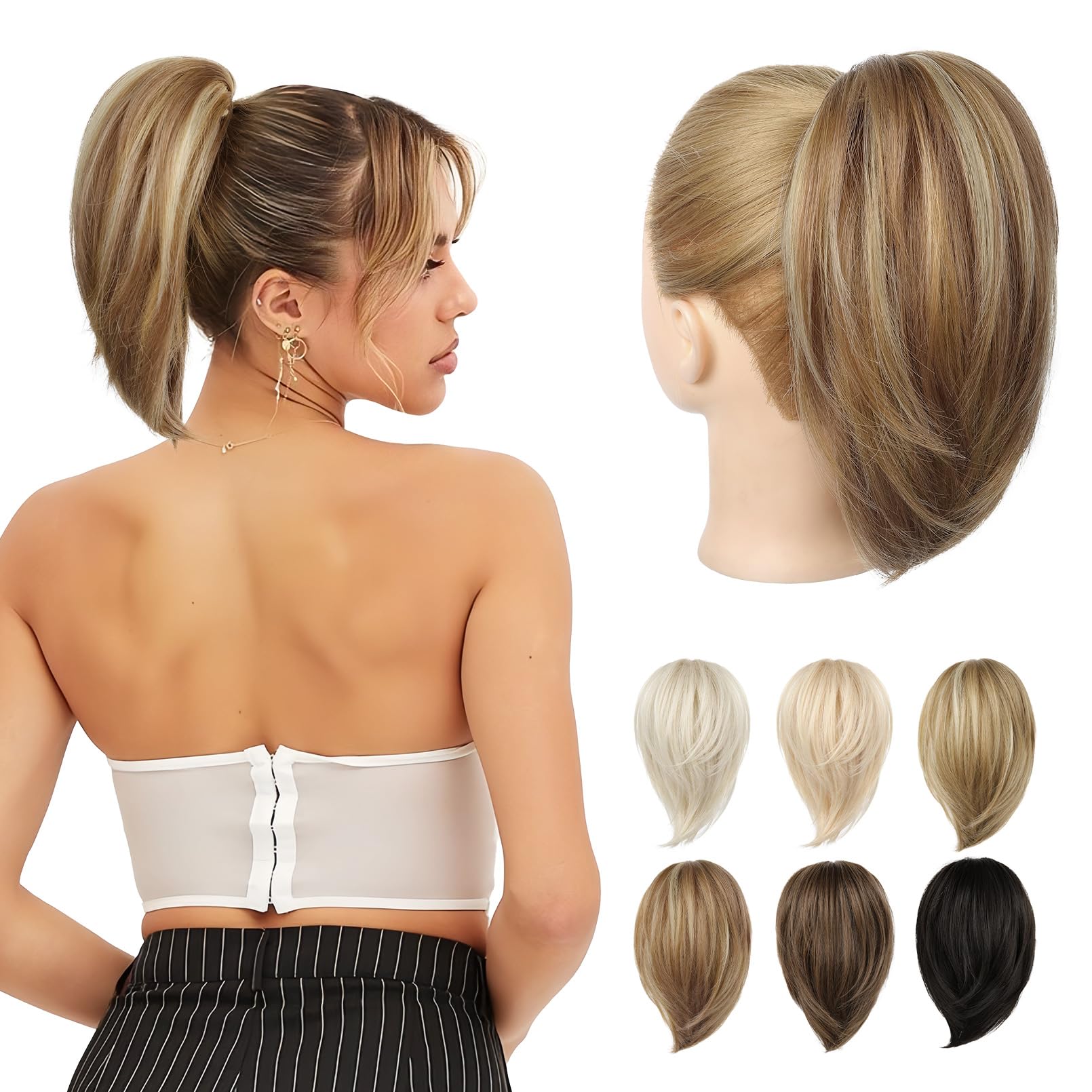 REECHO Ponytail Extension,Claw Clip Hair Bun Hair Piece Short Straight Ponytail Hair Extensions Messy Hair Bun Natural Synthetic Fake Ponytail Hair Pieces for Women- Light Brown with Highlights