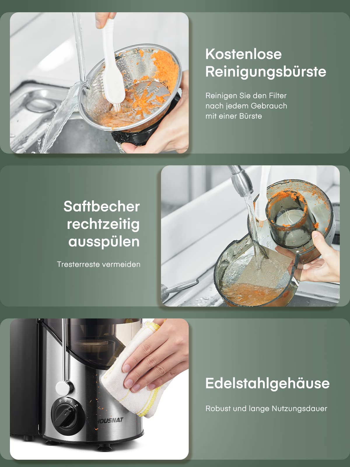 HOUSNAT Entsafter Gemüse und Obst, Max 800W Juicer Machine aus Edelstahl mit 3 Geschwindigkeitsstufen, 65mm Großem Mund Zufuhrschacht Zentrifugal Entsafter, Leicht zu Reinigen, BPA-frei, 400W