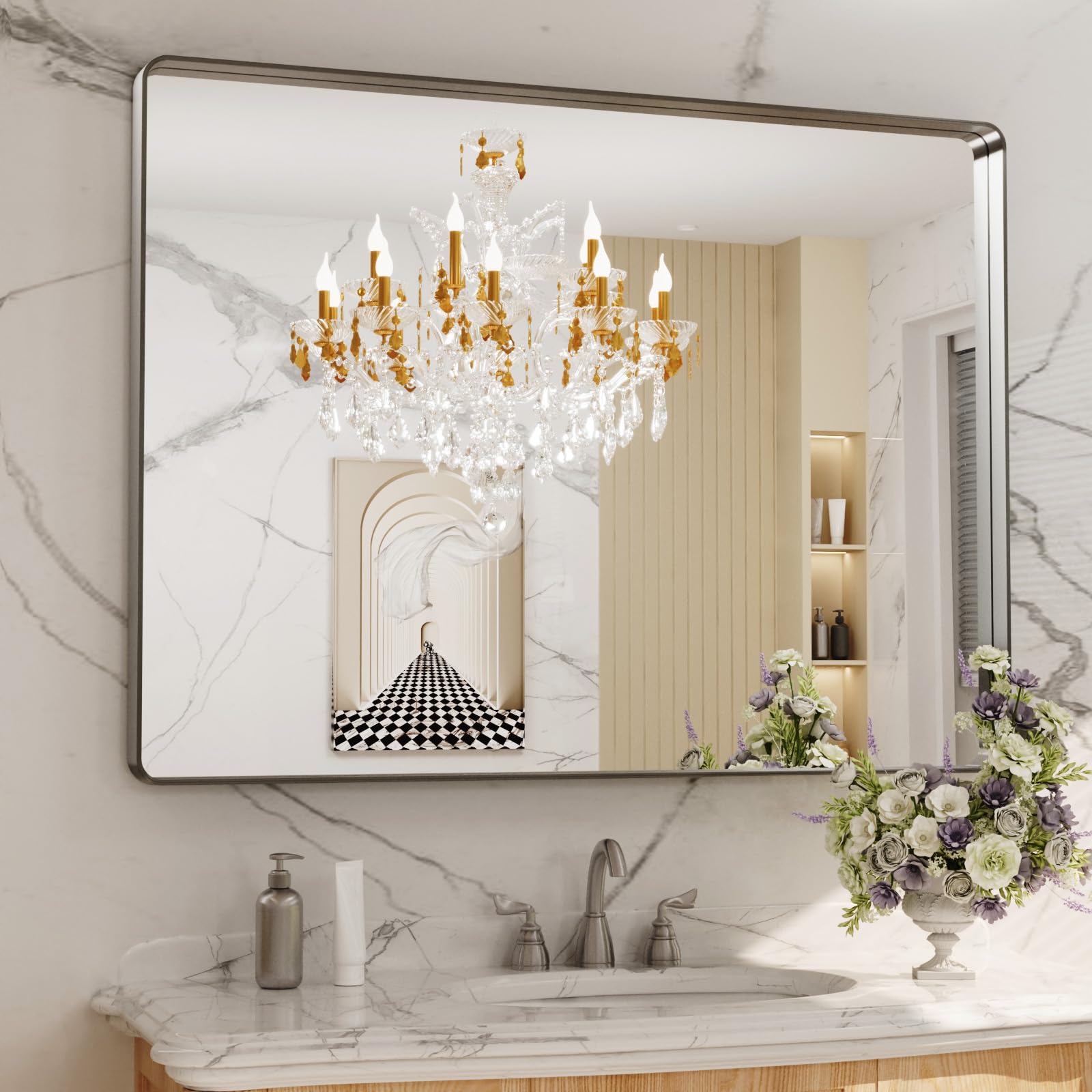 LOAAO 48X36 Inch Brushed Nickel Bathroom Mirror, Rounded Rectangle Silver Metal Frame Mirror, Brushed Nickel, Anti-Rust, Shatter Proof, Hangs