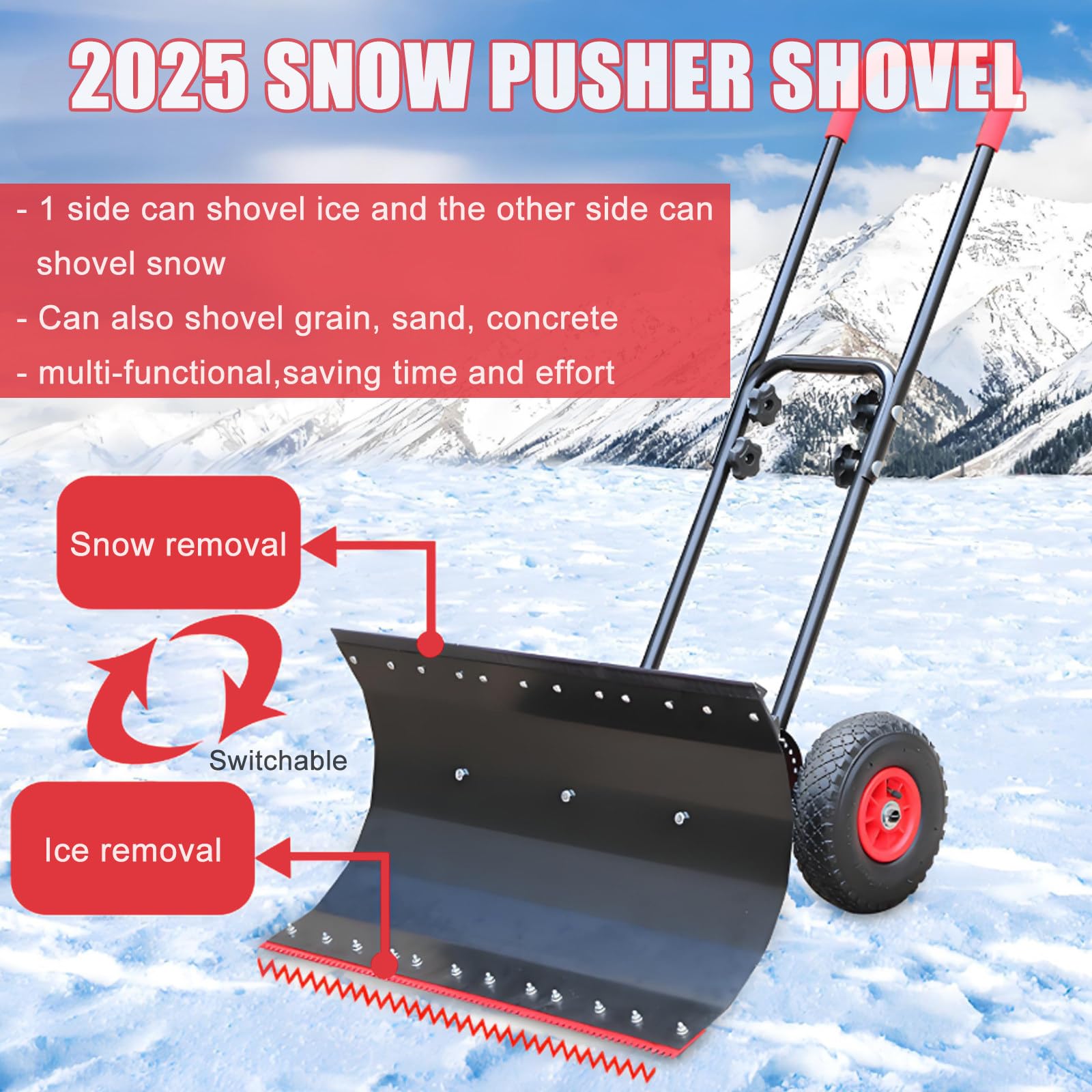 Pala de nieve de invierno con ruedas, empujador de nieve para exteriores, neumáticos antideslizantes, mango de doble palanca para una eliminación eficiente de nieve y hielo, diseño de empuje fácil