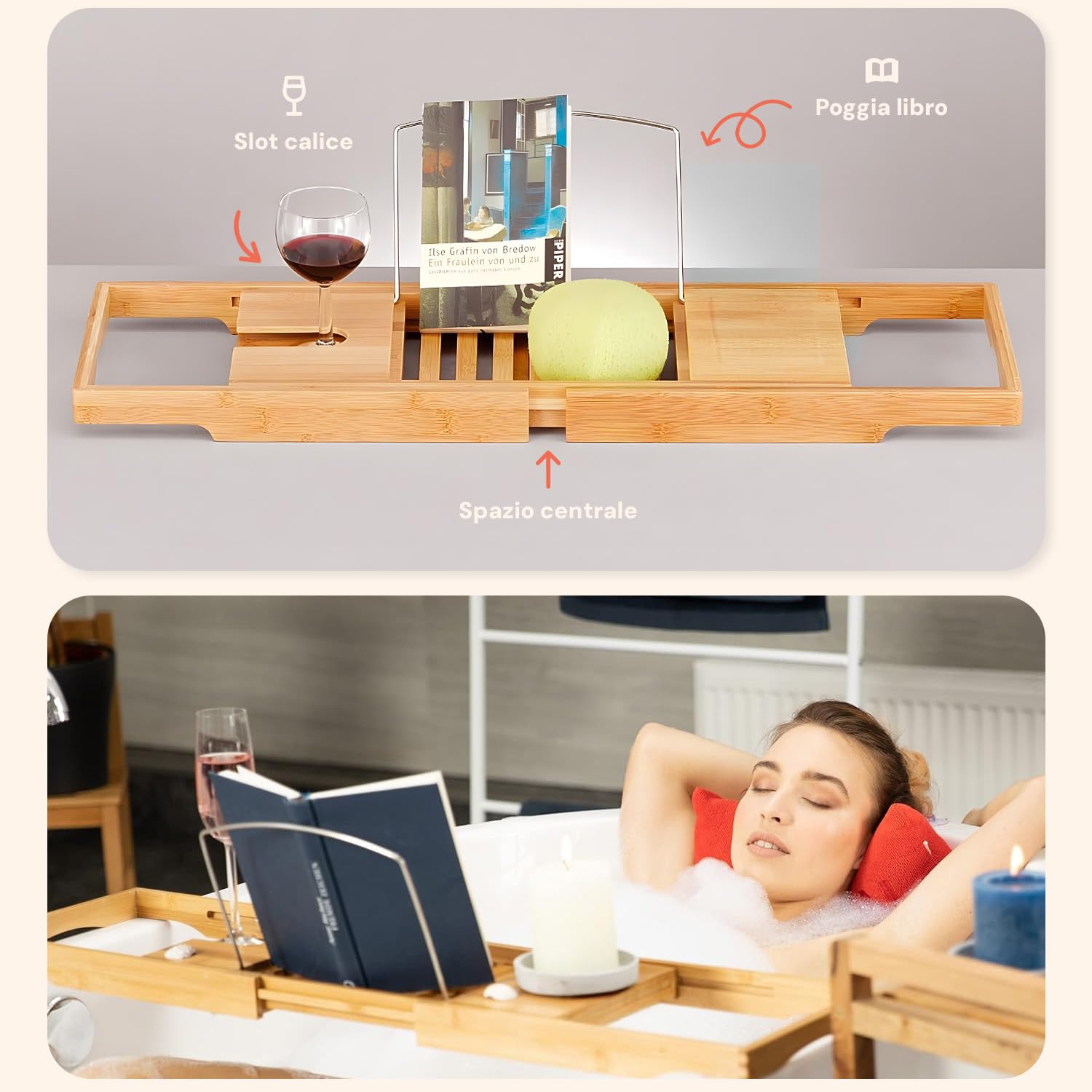 Vassoio Da Bagno Regolabile In PP - Organizzatore Per Vasca Con Porta Bicchiere, Libro E Telefono - 55-78 Cm - 4