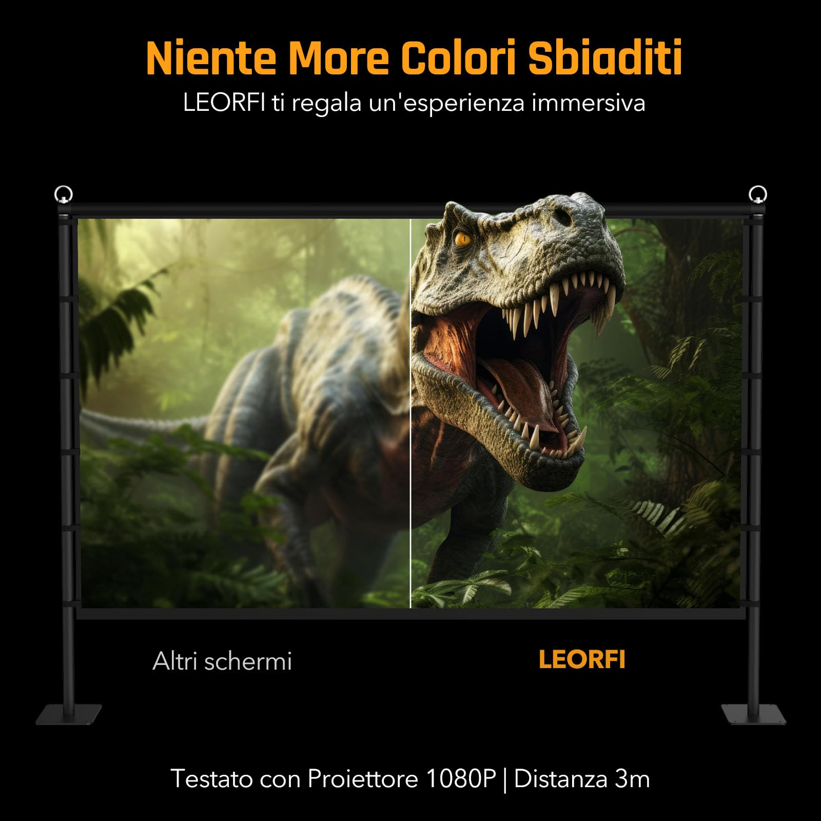 Schermo per Proiettore con Supporto LEORFI 120 Pollici Portatile - Base Rinforzata, Superficie HD 4K 16:9 Senza Piega - Proiezione Frontale/Retroproiezione - Con Borsa da Trasporto