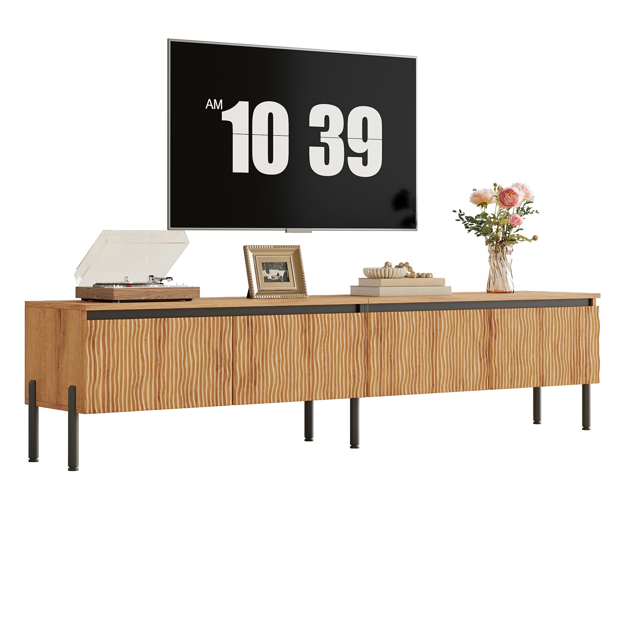 HAINEW HD26062302 szafka pod telewizor z 4 drzwiami i czarnymi metalowymi nogami, 180 x 35 x 43 cm, kolor naturalny, HD26062302
