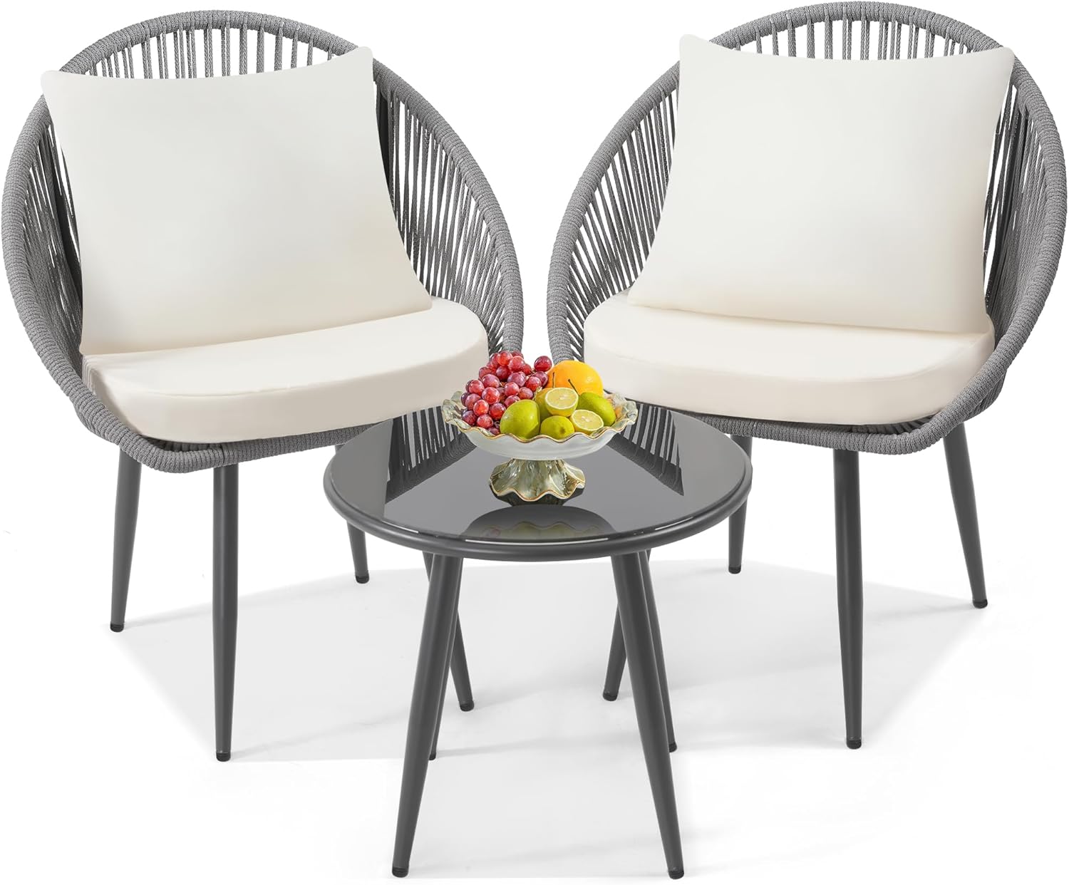 wildformers 3 Pieces Bistro Set, Woven Rope Chair with Cushions, All Weather Patio Conversation Set and Side Table, Ideal for Deck, Balcony, Poolside, Grey