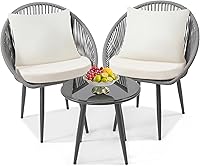 Vista 8 de Juego de 3 piezas de mimbre para uso al aire libre. Juego de muebles de mimbre con mesa de vidrio, ahorro de espacio para balcón, patio trasero