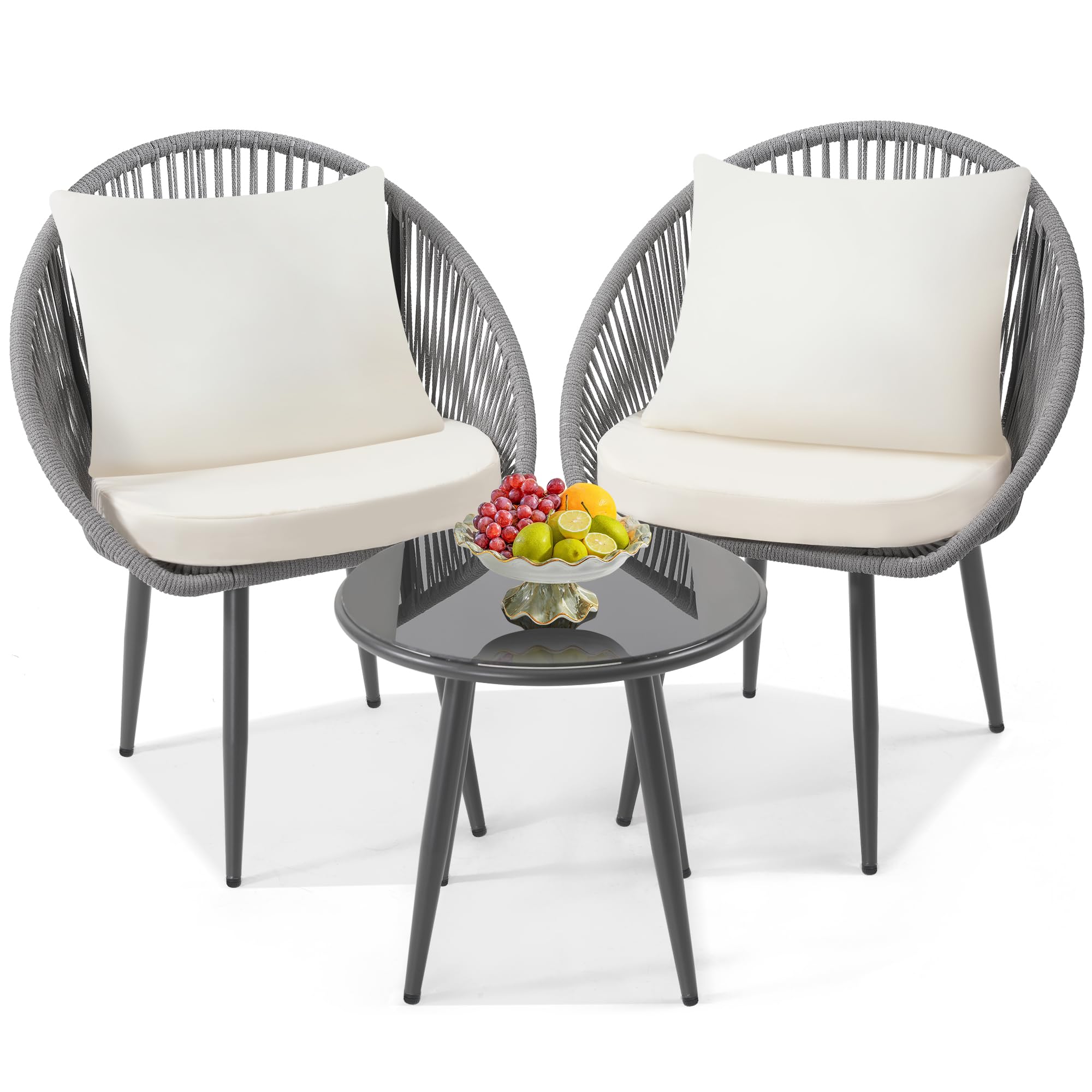 wildformers 3-Piece Bistro Set, Woven Rope Chair with Cushions, Grey