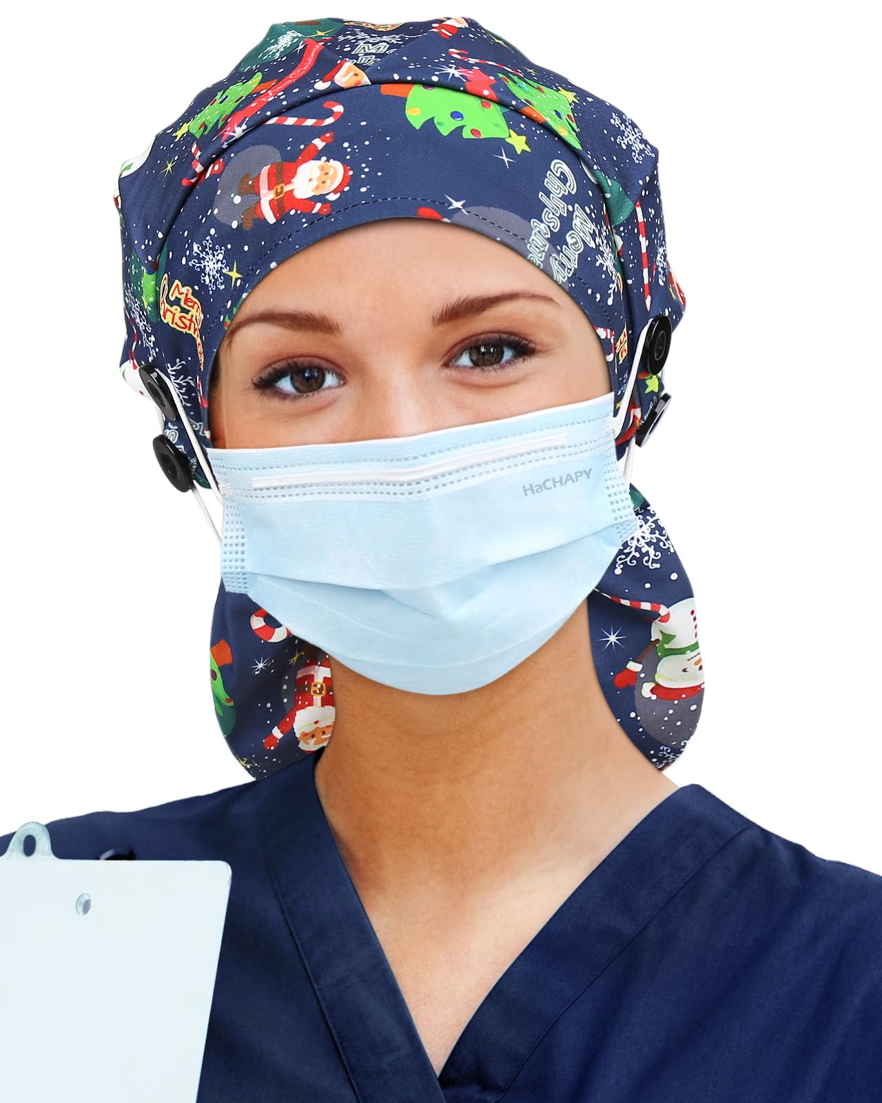 Satin Lined Scrub Cap for Women Extra Large Long Hair Surgical Nurse Cap 4 Buttons