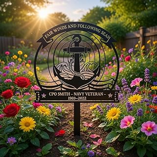 Anchor Memorial Garden Stake Personalized, Remembrance Gifts for Loss of Fathers/Grandpa, Memorial Stakes for Navy Veteran Lost, Fair Winds Following Seas Metal Grave Marker for Cemetery