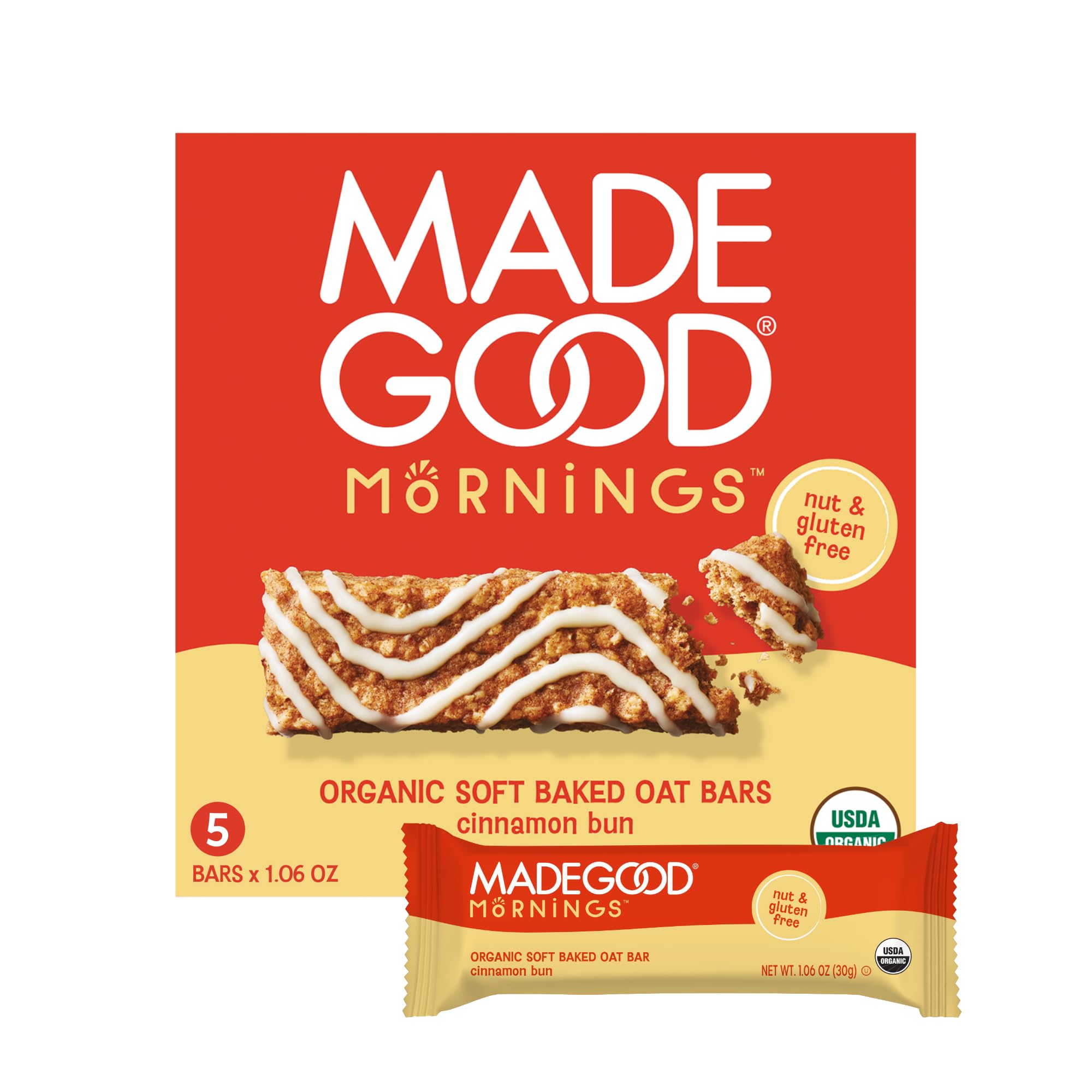MadeGood Morning Cinnamon Bun Bars, 5ct/5.3 Oz, Organic Snacks