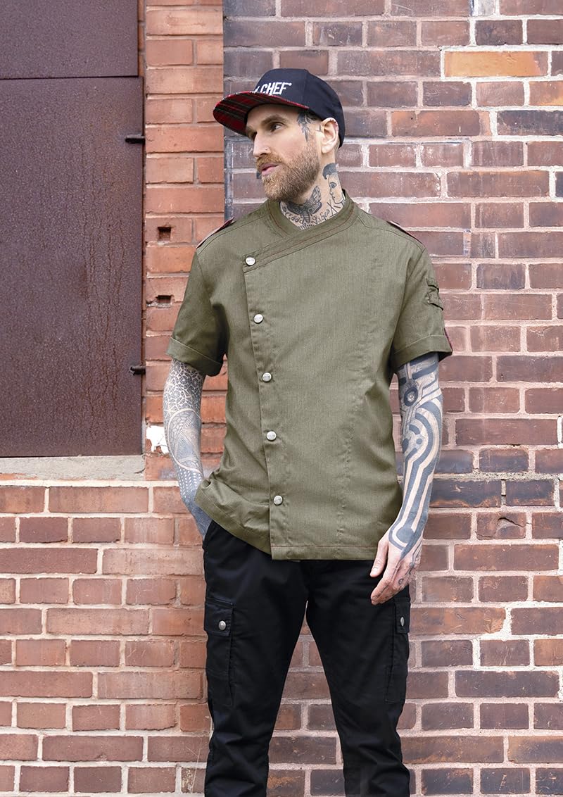 Karlowsky Kurzarm Herrenkochjacke Denim-Style Stage2 Druckknöpfe Polyester/Baumwollmix OEKO-TEX pflegeleicht vintage moss green