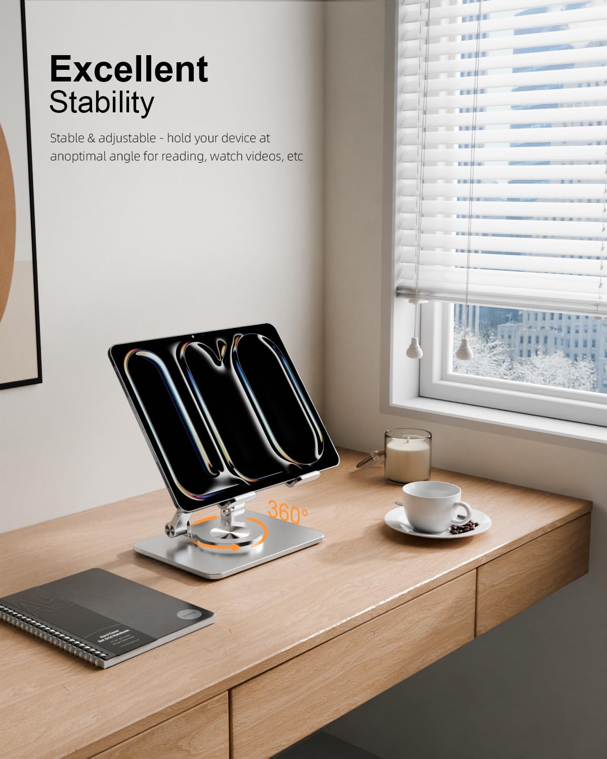 Orlian Tablet-Ständer mit verdickter, um 360° drehbarer Basis, Doppelstange, verstellbarer Aluminium-Ständer für alle 5,8-12,9 Zoll iPads, Samsung, Handys, Tablets, Kindle, E-Reader und mehr, Silber
