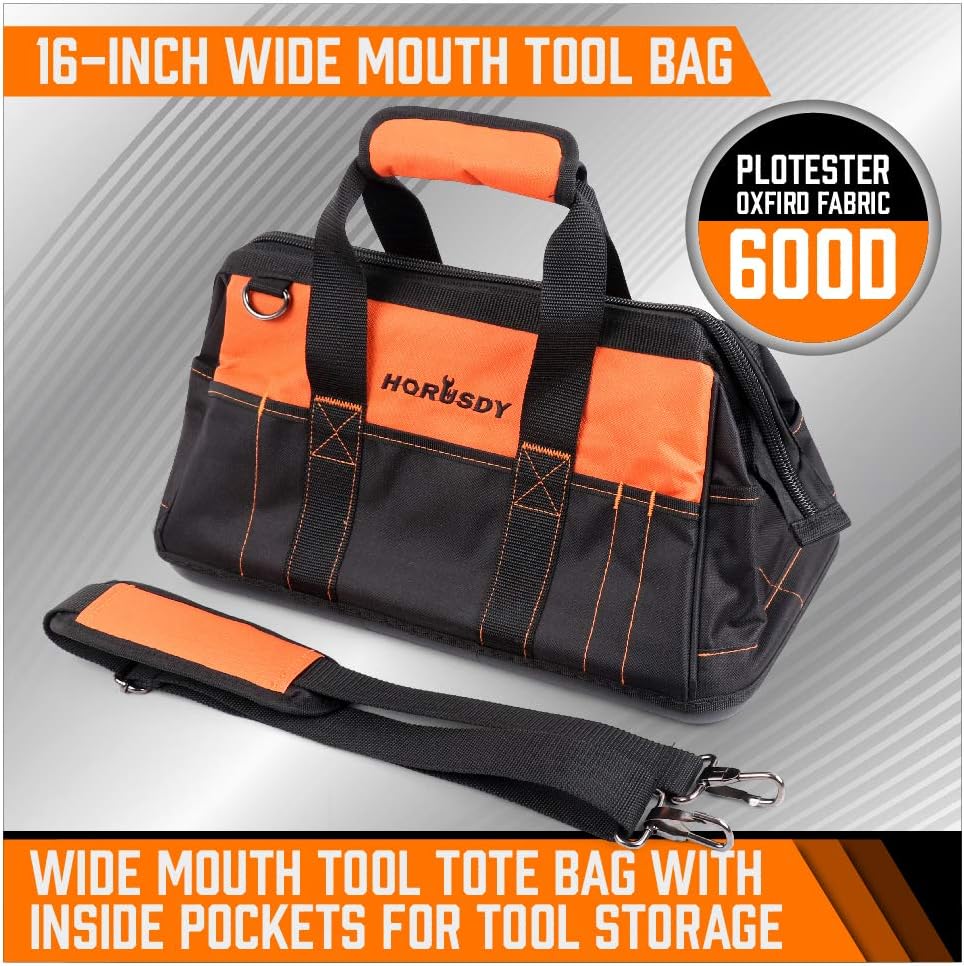 HORUSDY 16-inch Wide Mouth Tool Bags for Men, Wear-Resistant Base, Waterproof, Pockets for Tool Storage : Tools & Home Improvement