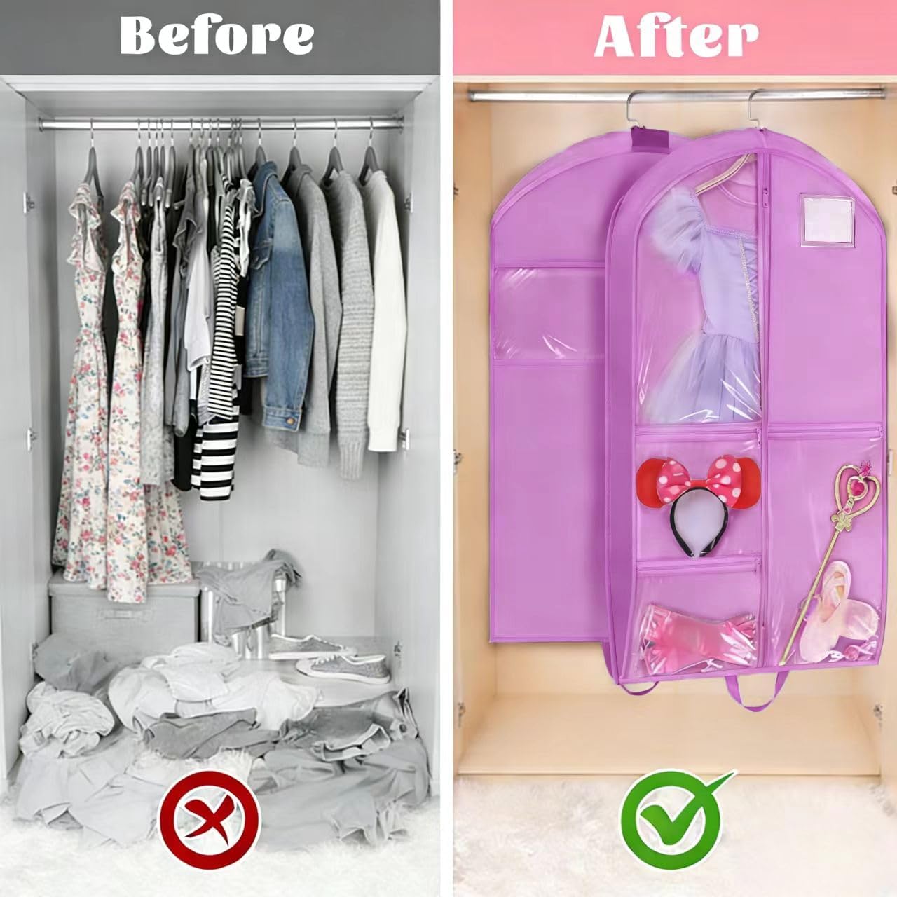 40" Dance Garment Bag for Kids – Hanging Waterproof Garment Bag with 5 Clear Zipper Pockets & ID Window, Portable Foldable Clothes Bag for Dance Costumes, Skating, Cheer, Pageants(Purple) - Image 5