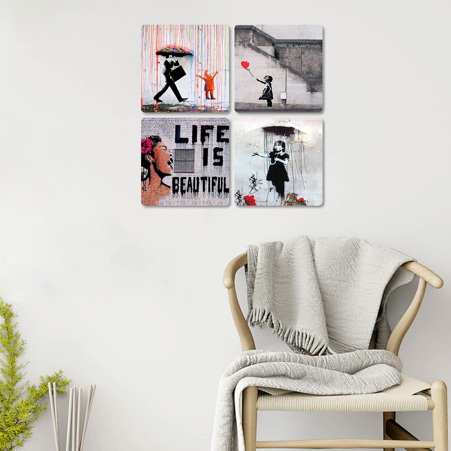Giallobus - 4 carrés multi-panneaux - Banksy - Les plus belles œuvres de Banksy - Collection 1 - Bois MDF - 29,7x29,7 - x 4 pièces
