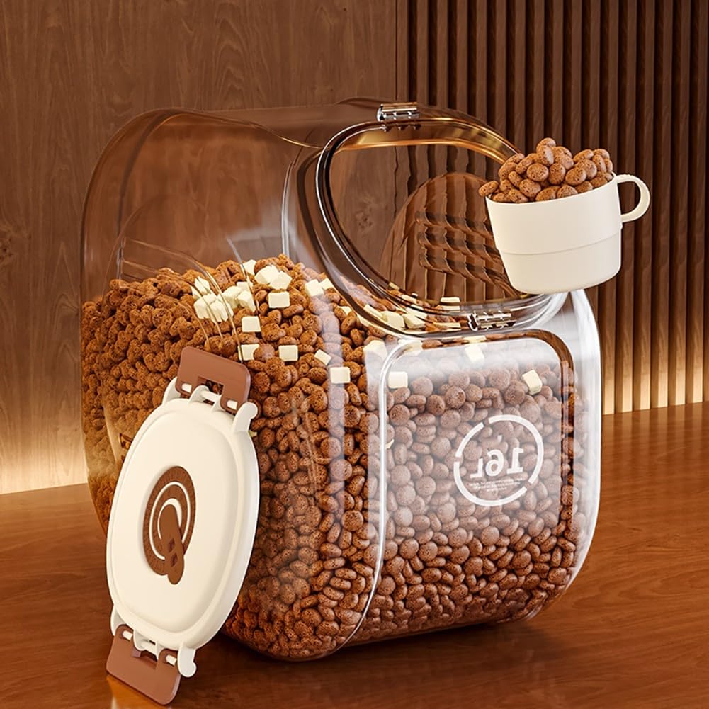 Transparente luftdichte Getreide-Aufbewahrungsbox mit Timer für Frischekontrolle, große Kapazität, Reisbehälter mit Messbecher, Küchenorganisation, Braun, 27,9 x 17,8 x 30,5 cm (große Größe