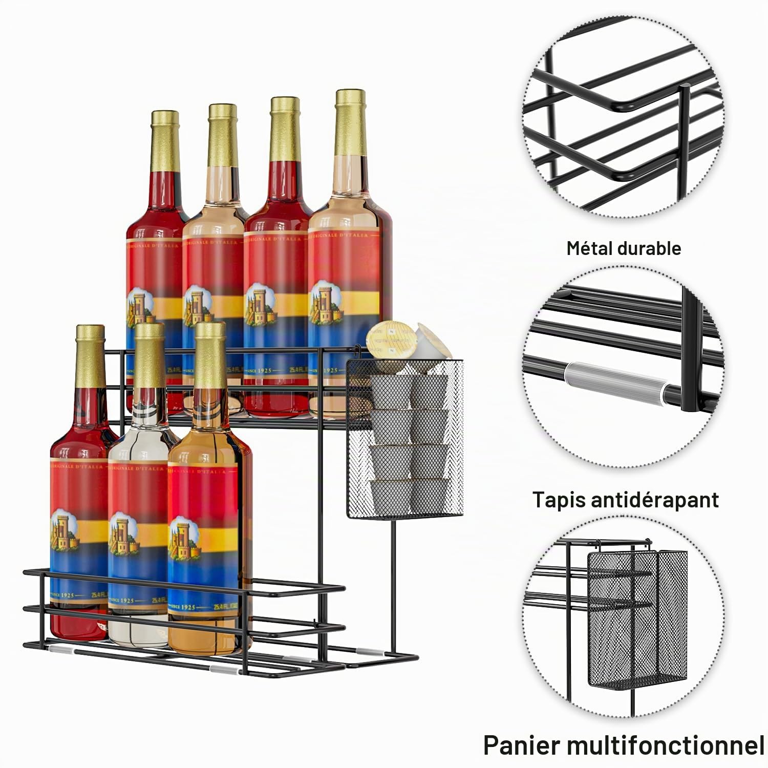 Ovicar Porte-sirop pour café - Support à 8 bouteilles de sirop pour bar à café, station de café, accessoire avec panier à capsules de café en paille, 2 niveaux, plan de travail de cuisine pour le