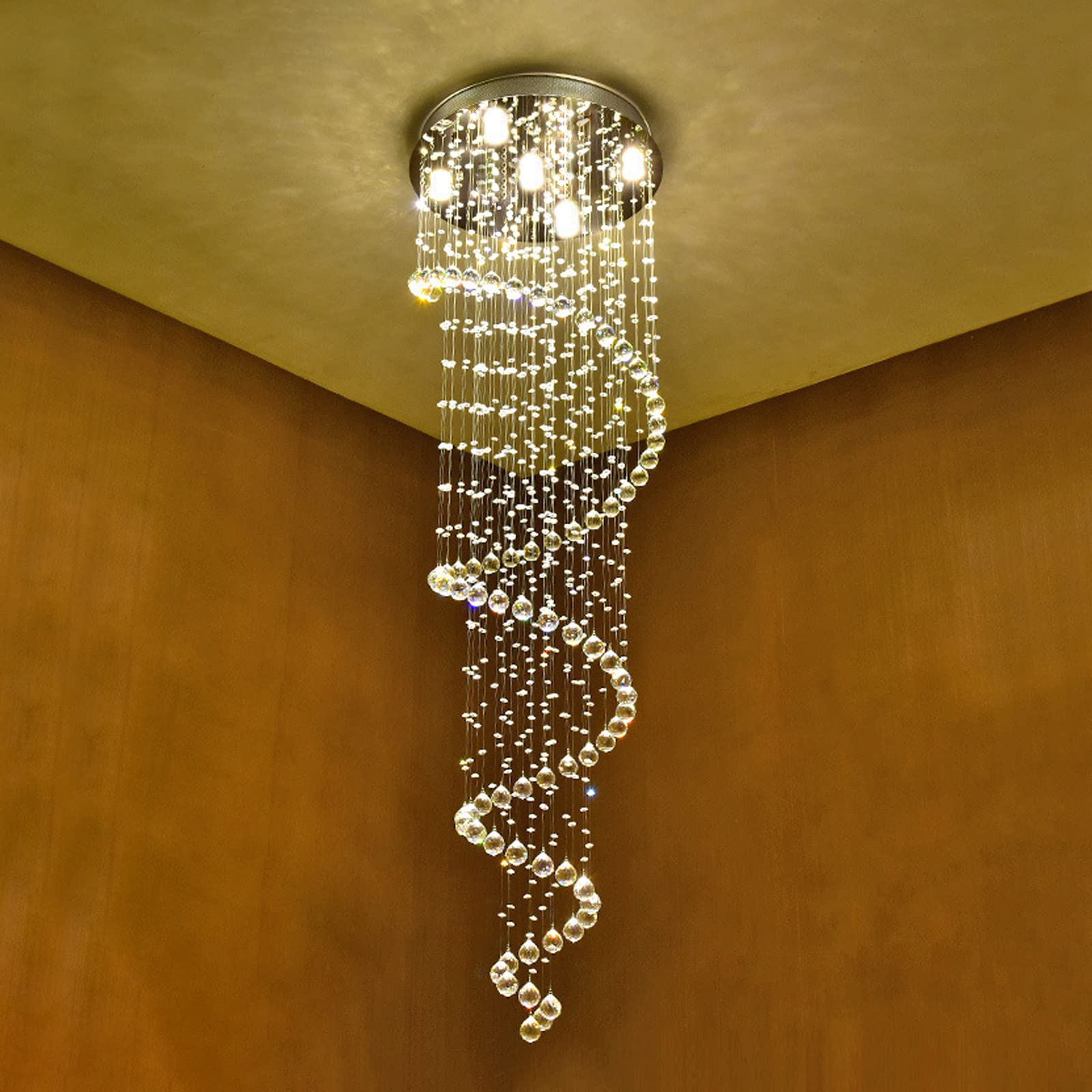 7PM Modern Spiral Crystal Chandelier LED Raindrop Ceiling Lighting Fixture Flush Mount for Entryway Bathroom Bedroom Living Room W16 x H40