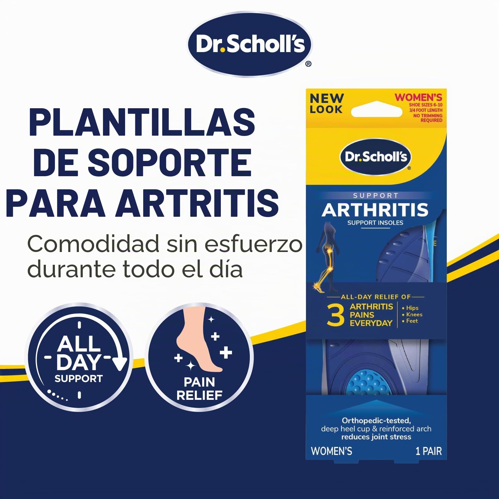 Dr. Scholl's - Ortopédica para aliviar el dolor de artritis para hombres, 1 par, talla 8-12 123ABC, Versión nueva, Mujer, NA, 1