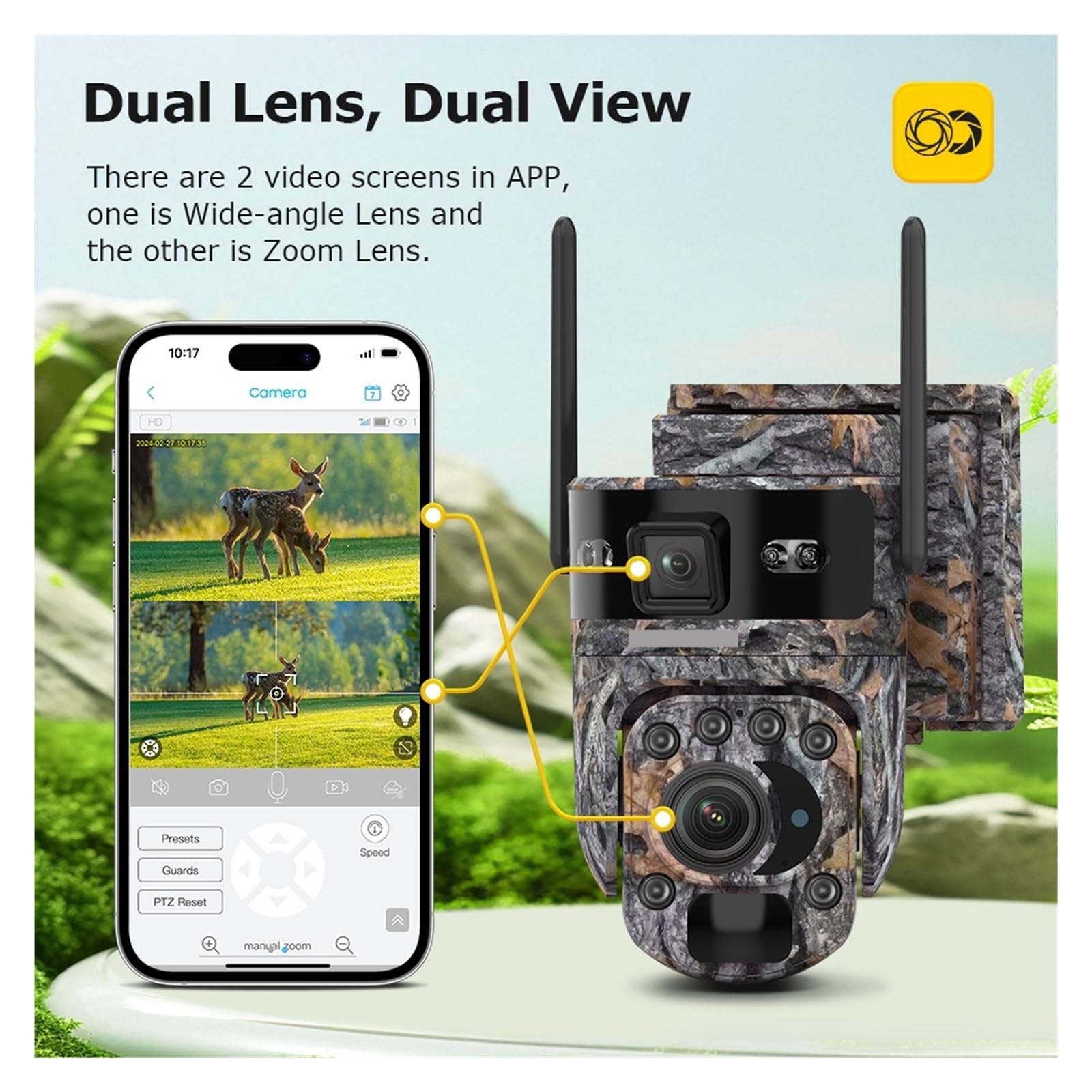 Cámara Solar de 12MP con Zoom óptico 20X, 4G/WiFi, cámaras PTZ de Camuflaje for Exteriores, cámara de vigilancia CCTV Solar for Caza(4G No Zoom No Card)