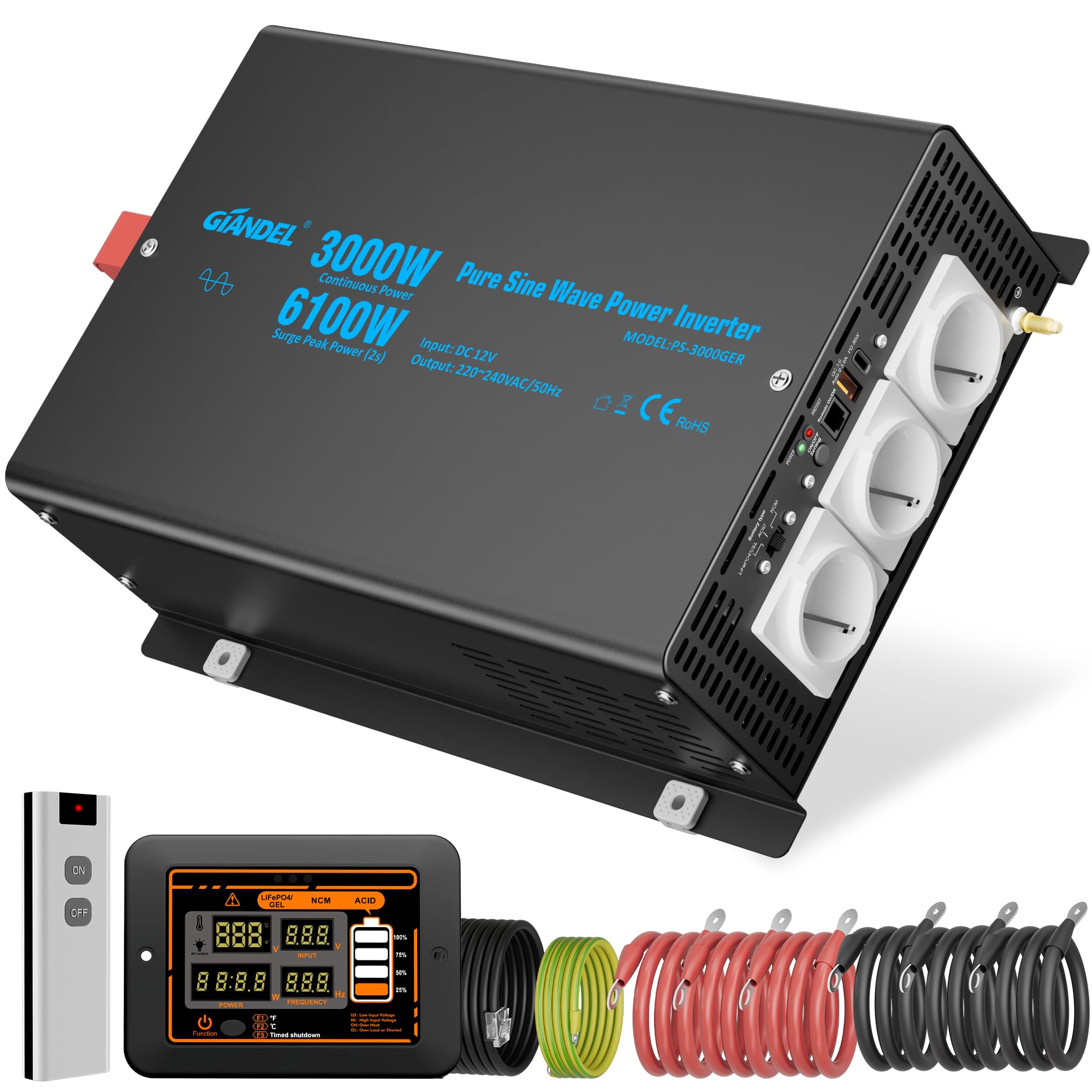 GIANDEL 3000W Wechselrichter 12V auf 230V Reiner Sinus Wechselrichter 6100W Spitzenleistung Spannungswandler Power Inverter mit LCD-Fernbedienung, Einstellbarer Eingangsspannung für Haushaltsgeräten