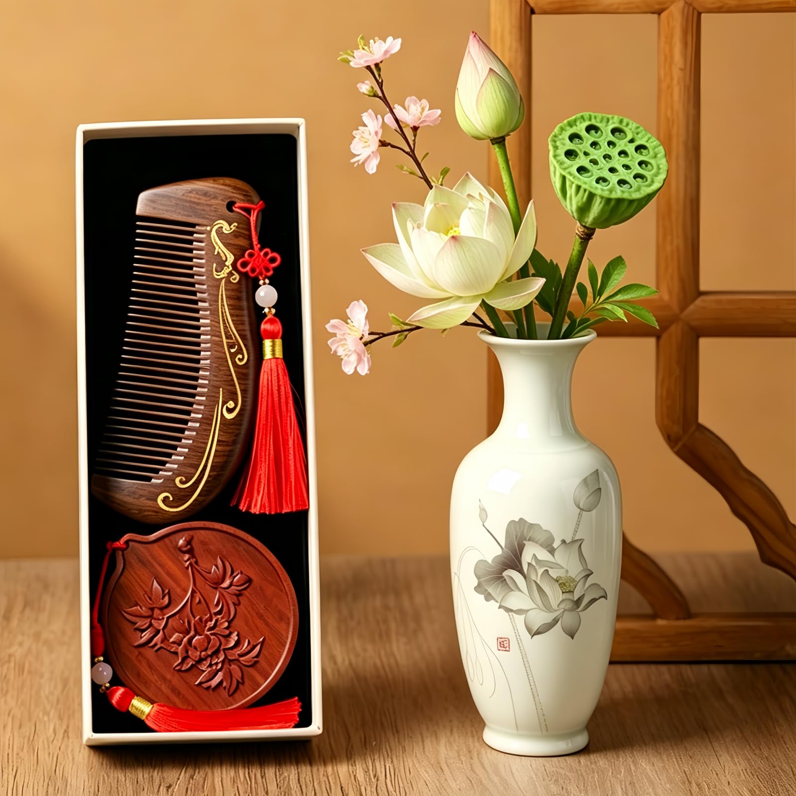Set regalo con pettine in legno di sandalo, spazzola antistatica in legno e