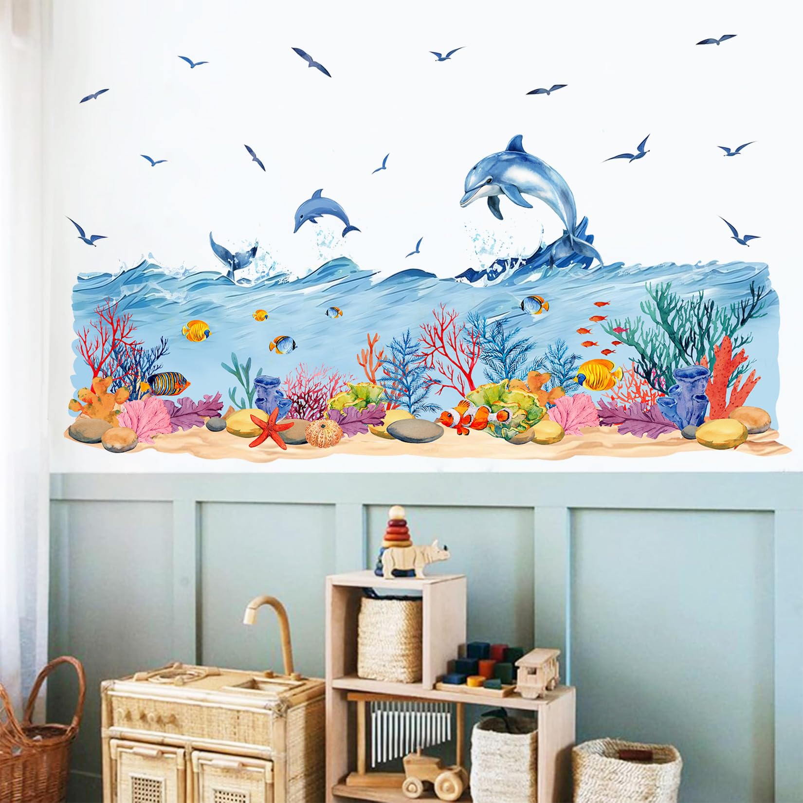 ANHUIB Under the Sea Wall Stickers 3D Underwater Wall Stickers for Kid Bedroom Bathroom Sticker for Wall Waterproof Fish Ocean Wave Seagull Dolphin Wall Decal for Kids Room Nursery Bath Playroom Decor - Image 4
