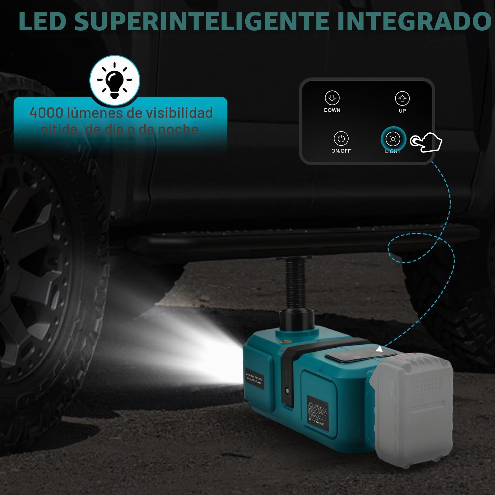 Gato eléctrico 5T, compatible con Makita 18V, gato hidráulico de batería con control remoto e iluminación LED, para SUV, coche, camión, cambio de neumáticos, rango de elevación de 15,5 a 45 cm (sin