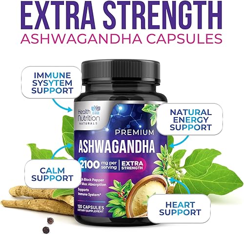 Miniatura 5 de Suplemento Ashwagandha de 2100 mg - Extracto de raíz de hierbas extra fuerte, los mejores suplementos de Ashwagandha para hombres y mujeres,