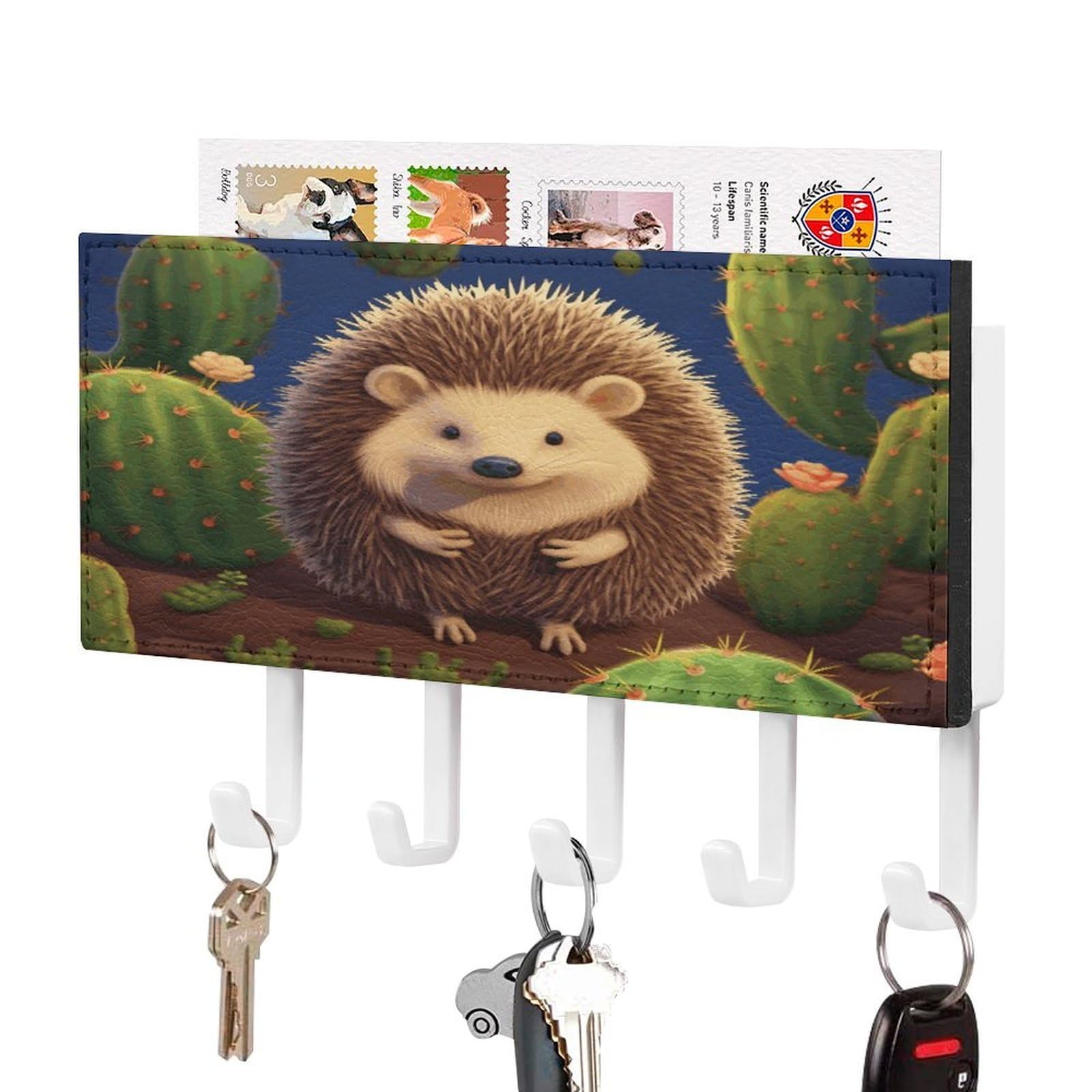 Vstadank White-Style Hedgehog Cactus Key Holder For Wall Decorative Mail Organizer Exquisite Coat Rack Pu Wall Mount Adhesive Keys Rack With Tray&5 Key Hook For Door Hallway Entryway Decor