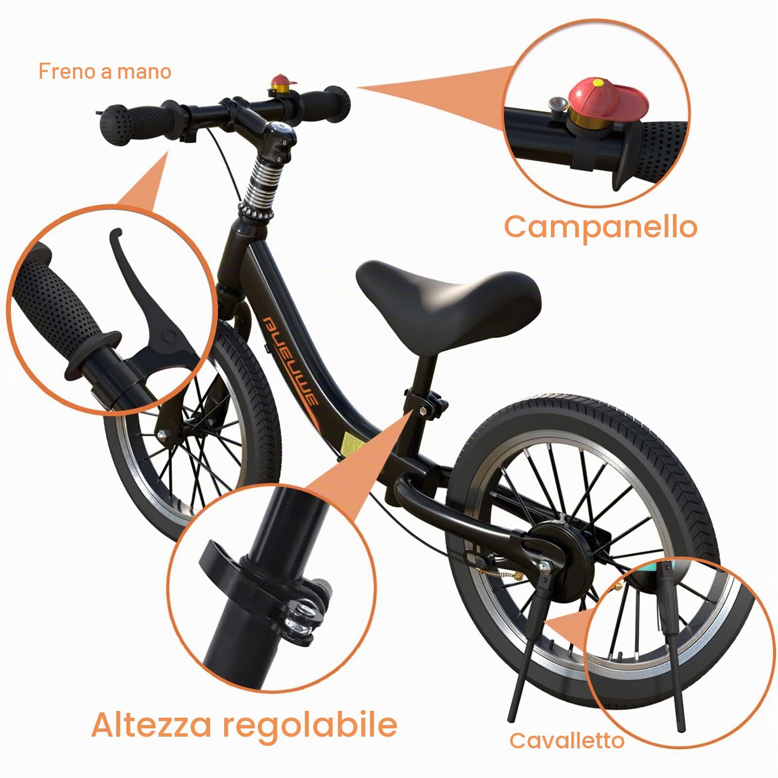 Bici Senza Pedali per Bambini 3-7 Anni, Ruote in Gomma da 16 Pollici, Fino a 45 Kg, con Freno, Cavalletto e Campanello, Regolabili in Altezza, Giochi per Bambina e Bambino, Nero