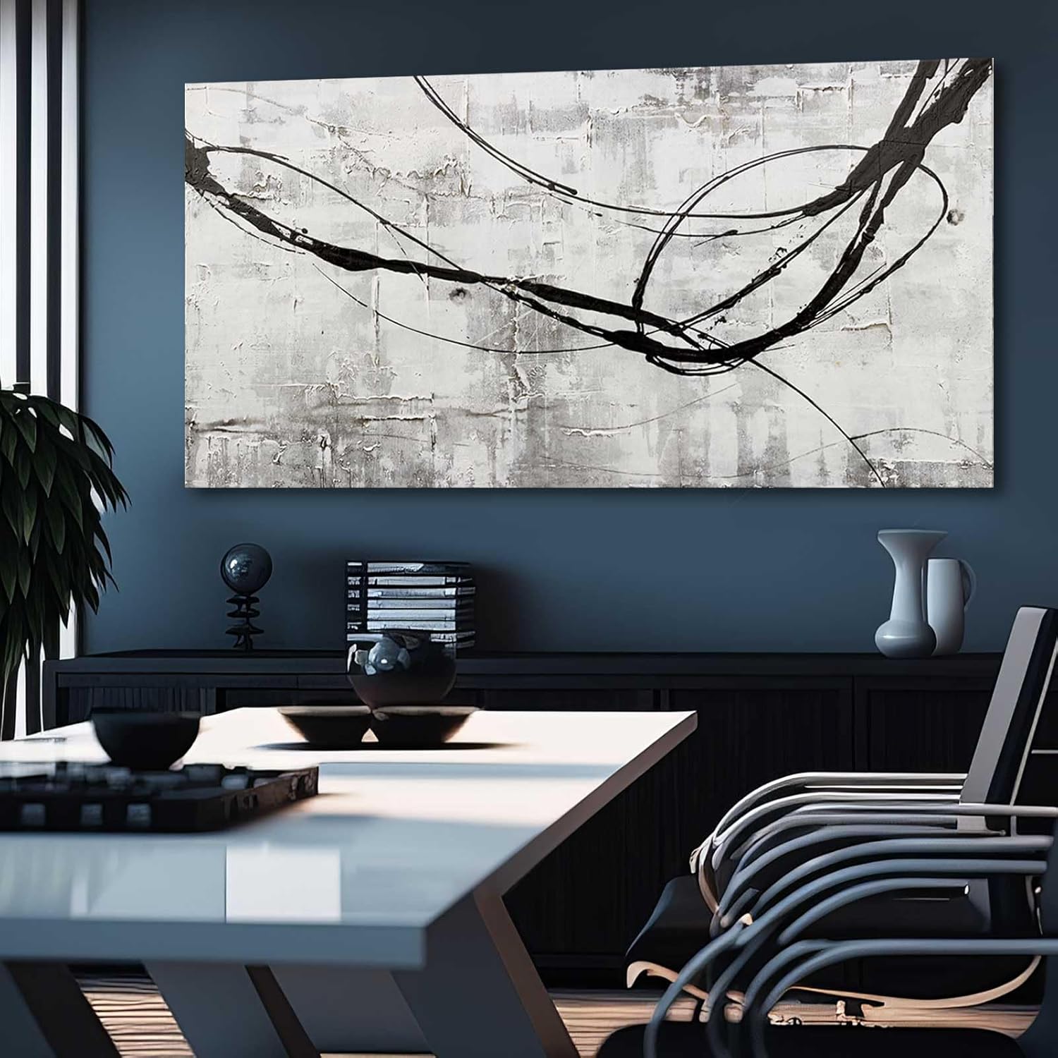 XIANSHOU Maximalist Decor Black and White Wall Decor Grey Modern Wall Art Pictures for Office Wall Decorations 24"x 48" Big Painting Artwork Bedroom Living Room Hotel