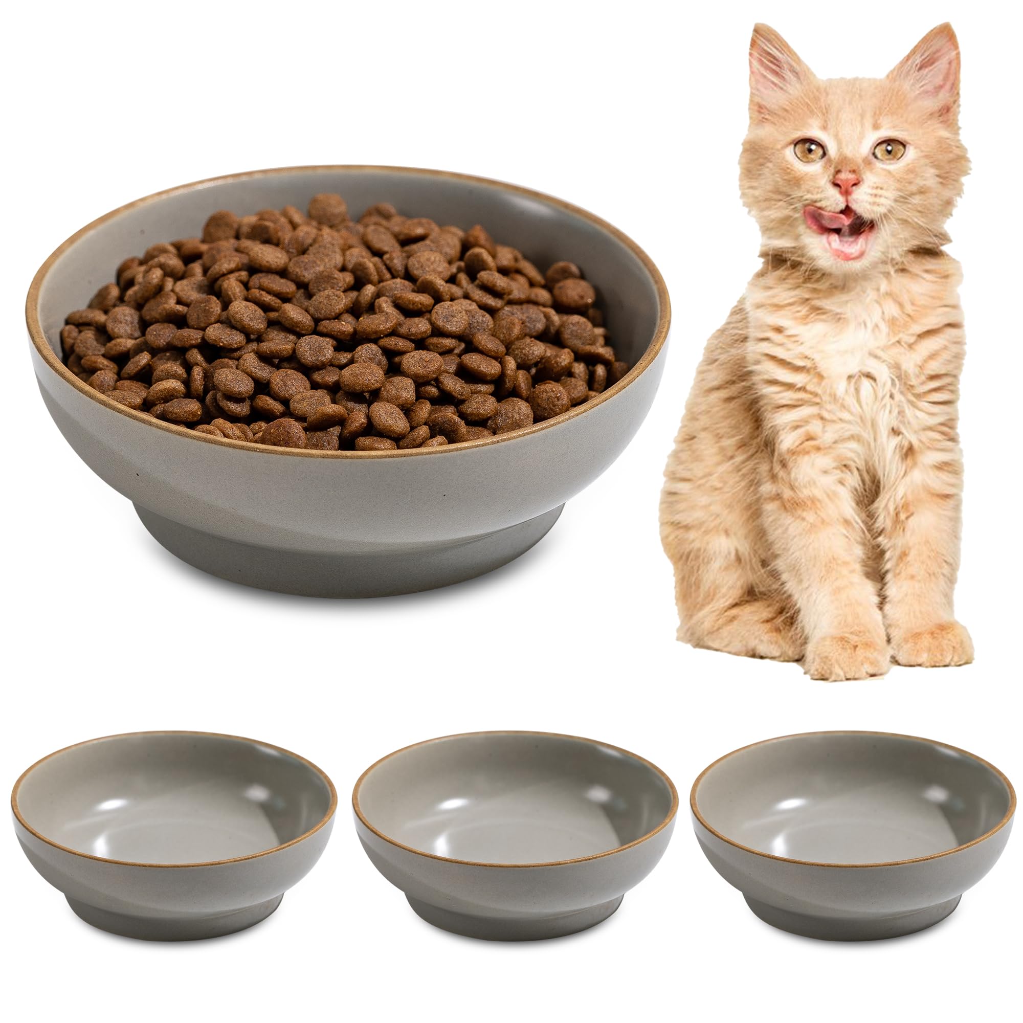Cat Bowl Set of 3, Non Slip Dish Pet Cat Food Bowls, Shallow Water Bowl Cat Feeding Wide Bowls to Stress Relief of Whisker Fatigue, Pet Bowl for Dogs Rabbits Puppy Birds(Safe Food-Grade Ceramic) Gray