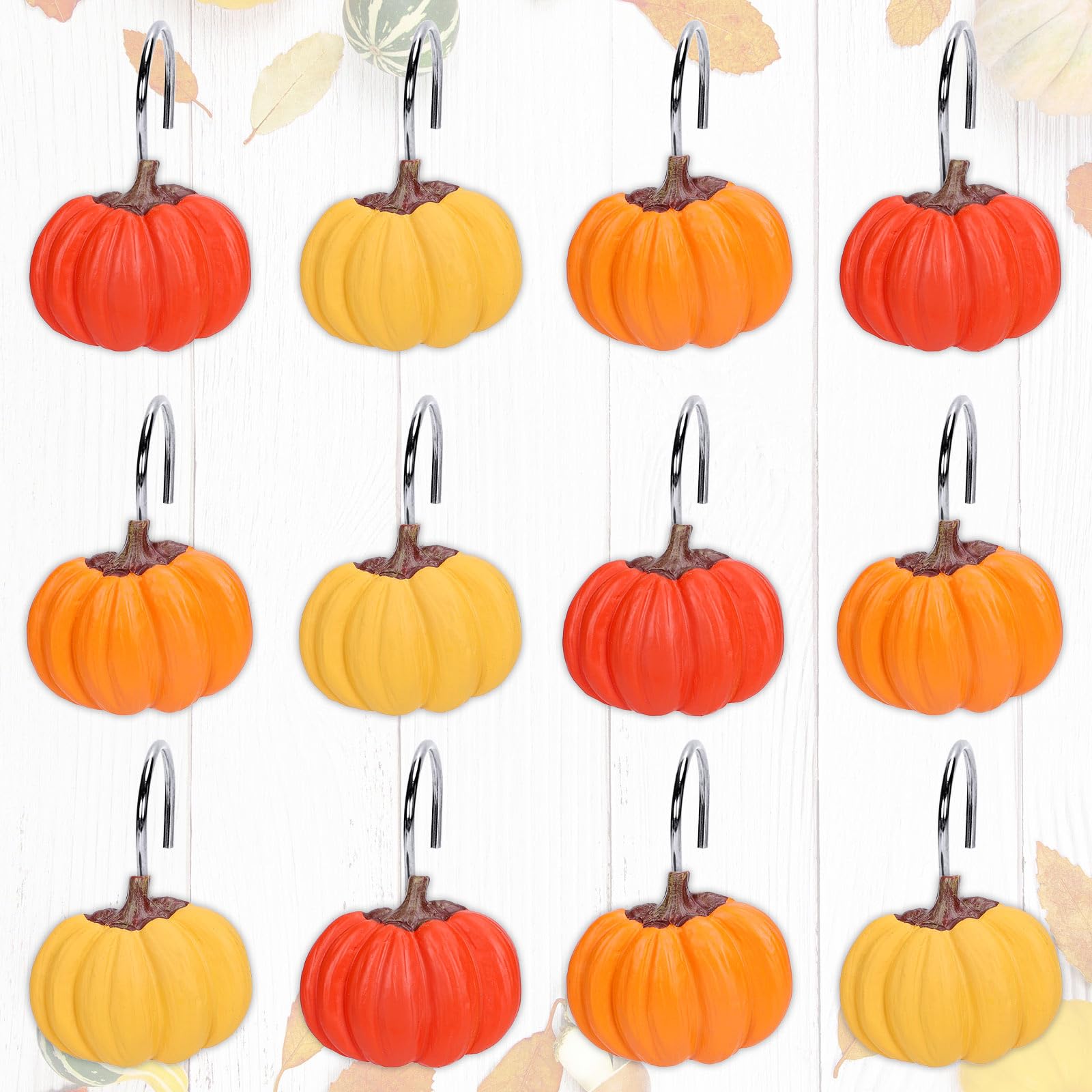 JarThenaAMCS 12Pcs Fall Pumpkin Shower Curtain Hooks 3 Colors Curtain Rings Autumn Thanksgiving Harvest Decorative Curtain Hanger Hooks for Living Room Bedroom Bathroom