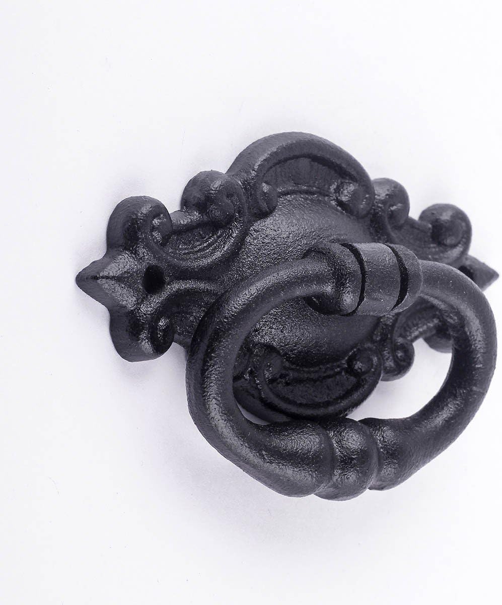 Renovators Supply Manufacturing Black Cast Iron Cabinet Drawer Ring Pull Colonial Fleur De Lis Saint Style 3-1/8 in. W 1-5/8 in. H RSF Finish Pack of 6
