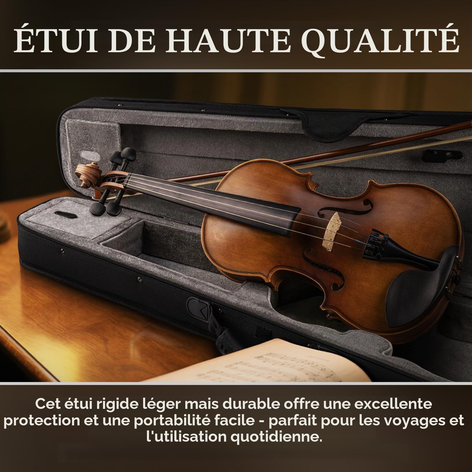 SONICAKE Violon 4/4 Bois Massif Set Complet avec Étui Rigide, Coussin, Colophane, Archets, Tuner Pince & Cordes Supplémentaires