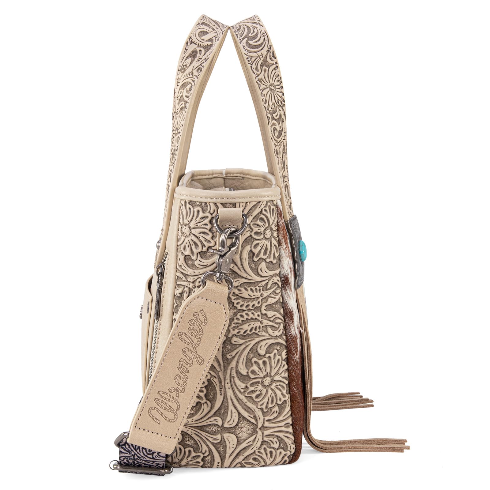 Montana West Wrangler - Borsa tote da donna in pelle bovina, con frange in stile occidentale, con pietre turchesi