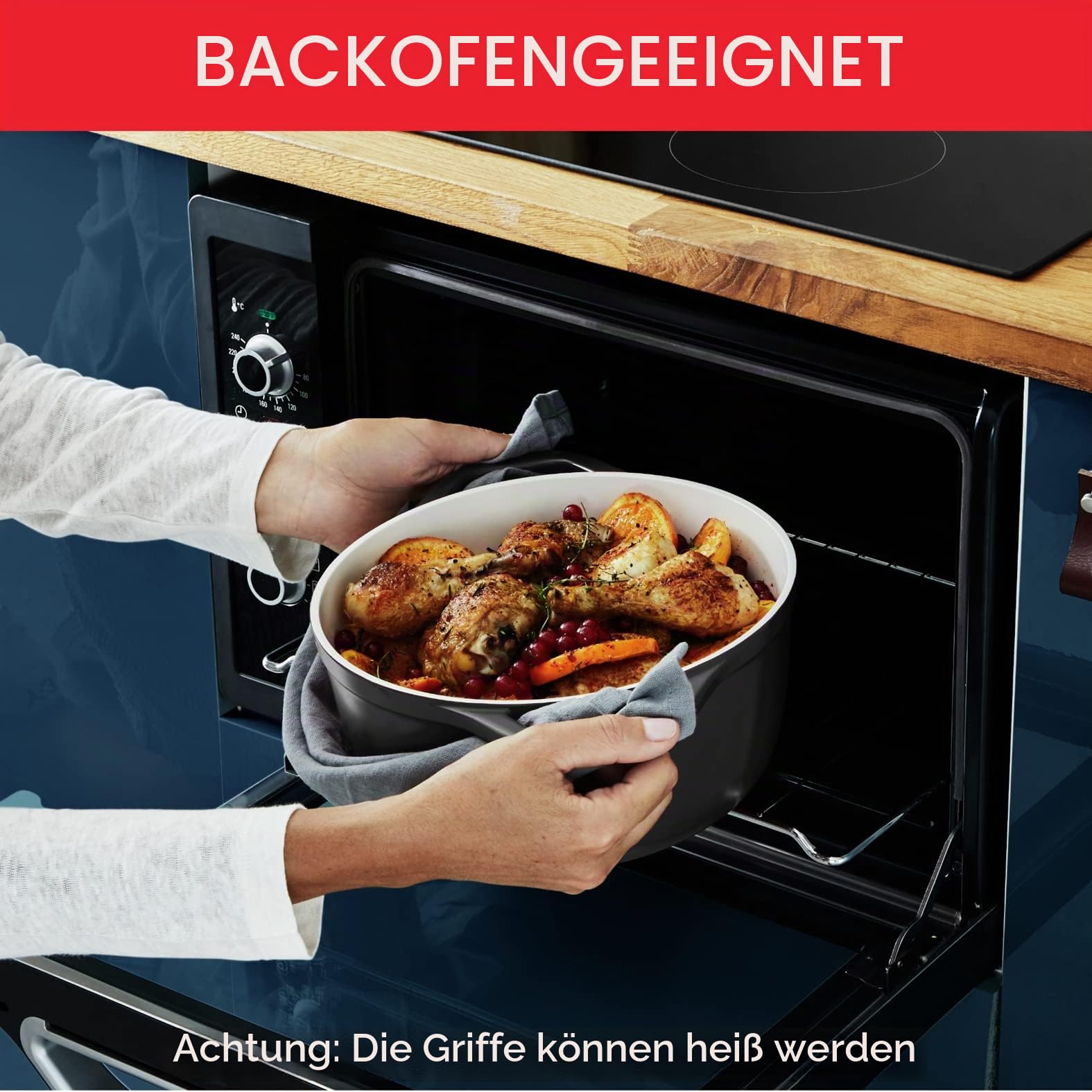 Tefal Air E2558904 Ovale Auflaufform, 30 cm, antihaftbeschichtet, Induktion, Aluminiumguss (leichter als Gusseisen), mit Deckel, Grau
