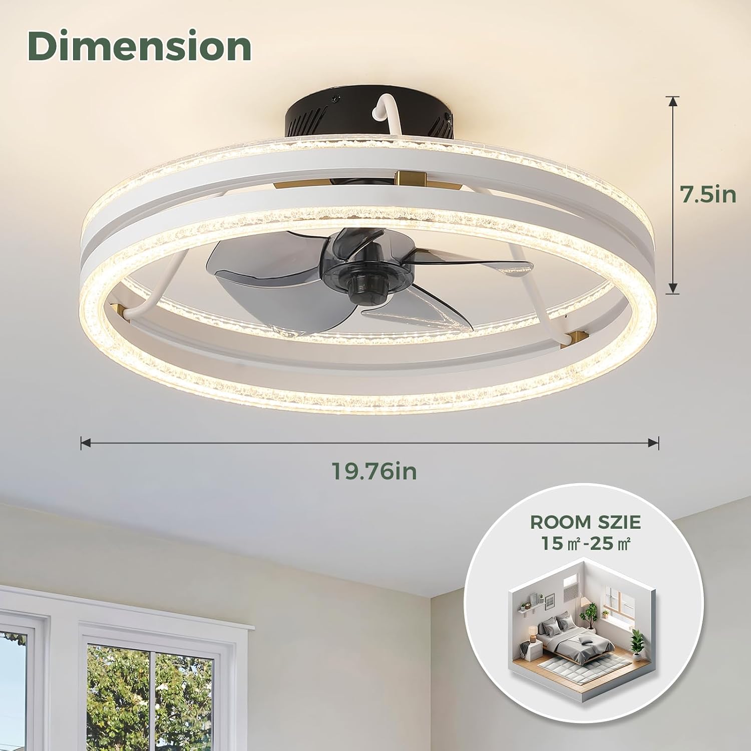 JUSHENG 20 Inch White Low Profile Ceiling Fan with Light and Remote, 48W Dimmable Flush Mount Ceiling Fan with Up and Down Lighting, Modern Fandelier with Bubble Acrylic Ring for Bedroom