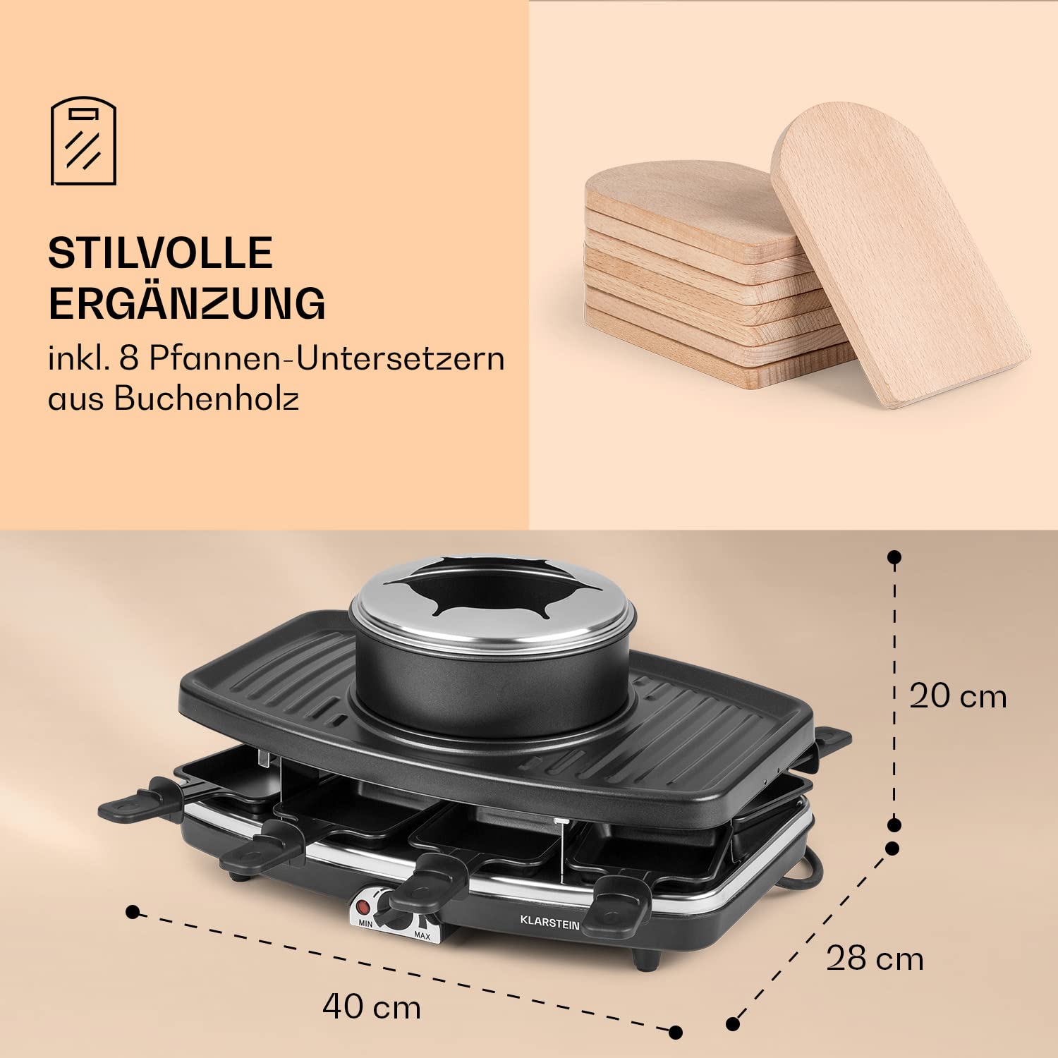 Klarstein 3-in-1 Raclette Fondue Kombi und Grill, 1100W - Set mit Steinplatte, Elektrischer Grill für 8 Personen mit 8 Pfännchen & Fonduegabeln, Raclette-Gerät