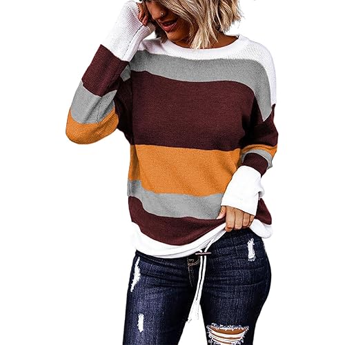 Dokotoo Womens Sweaters Striped Fall Winter Outfits 2025 Crewneck Drawstring Color Block Fashion Clothing