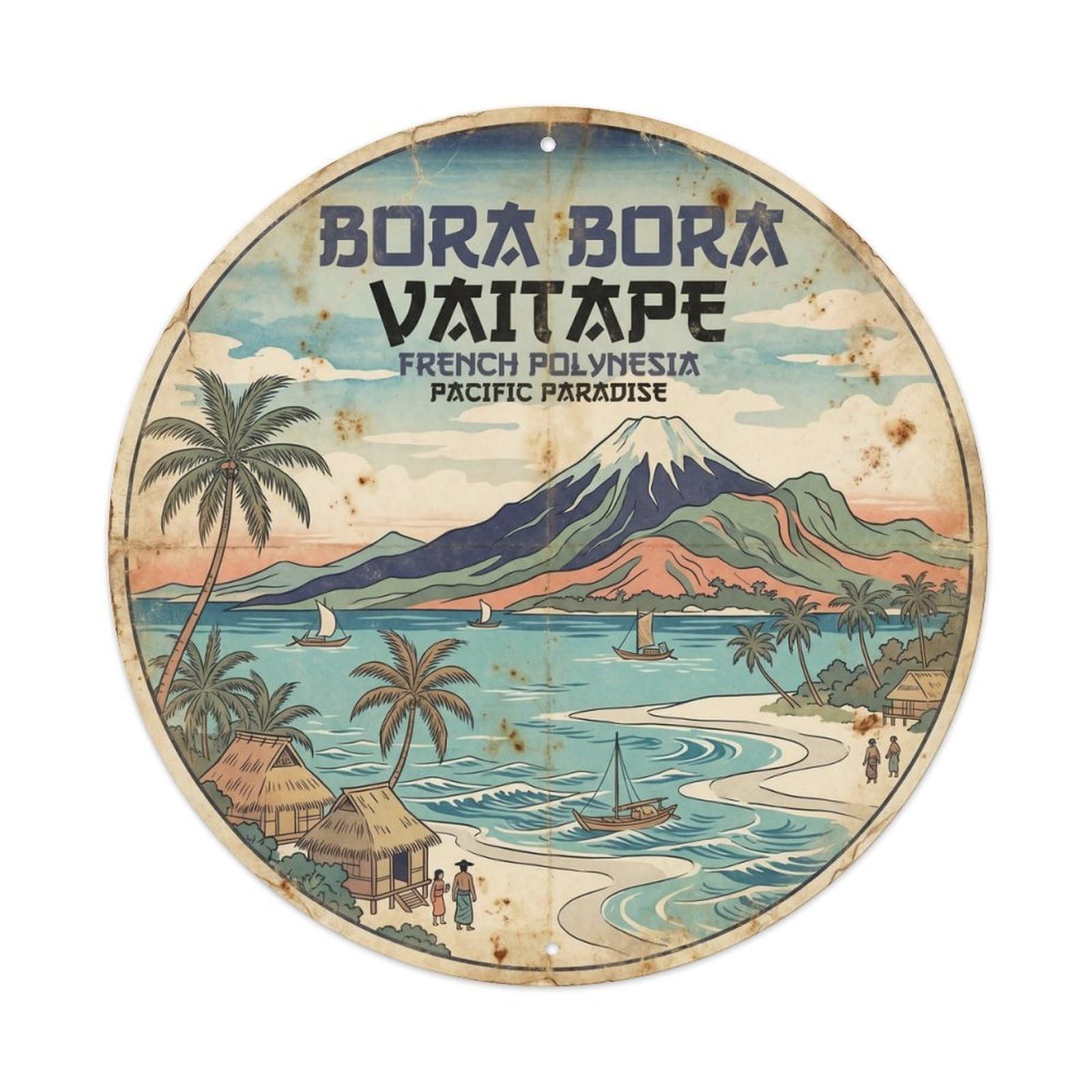 Bora Waitape Seaside Scenery Woodblock Travel Metal Tin Sign