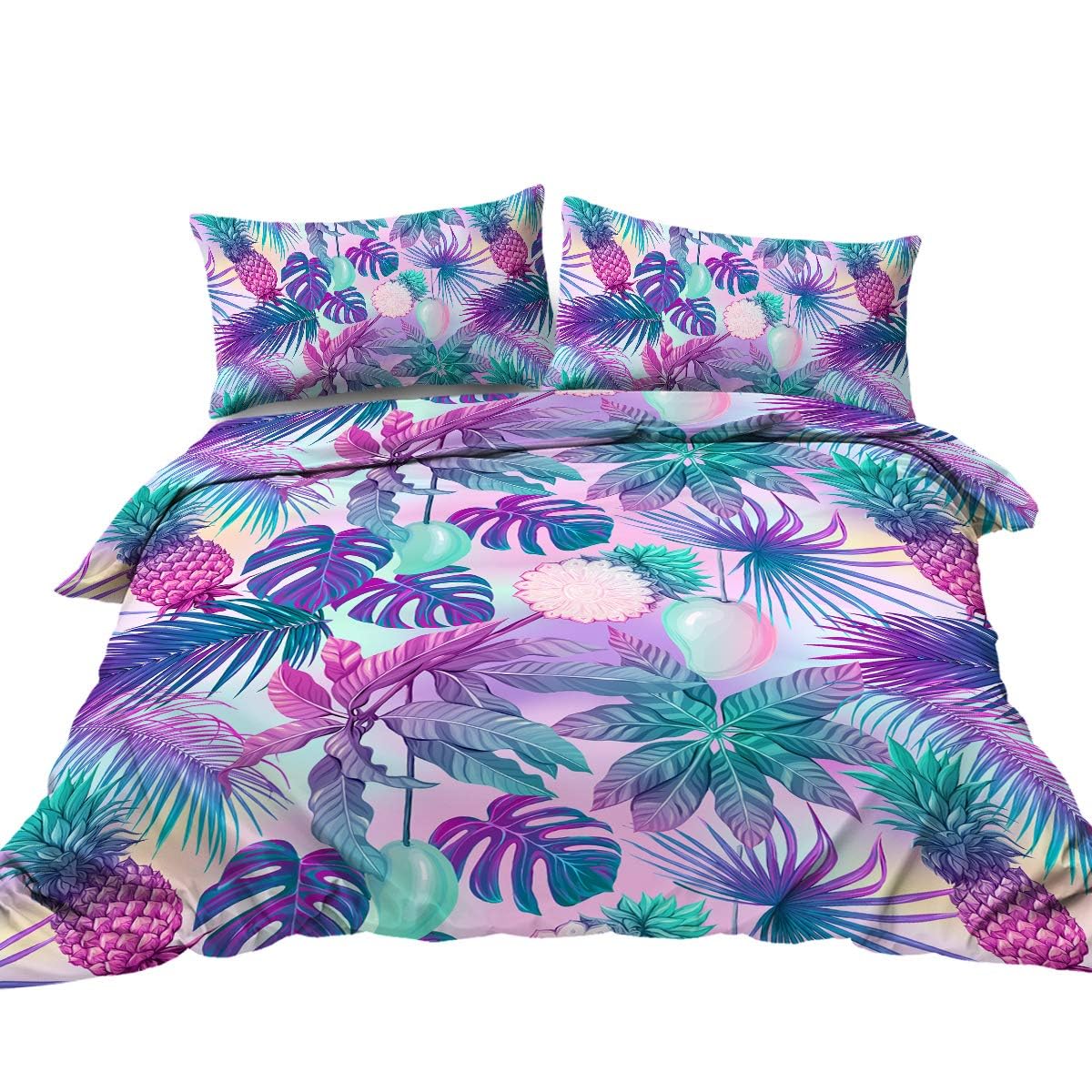 Blessliving 2 Tropical Watercolor Bedding Neon Hawaiian Mango Pineapple Fruit Design Duvet Cover Set 3 Piece Pastel Pink Turquoise Violet Palm Leaves Bedding (Double)