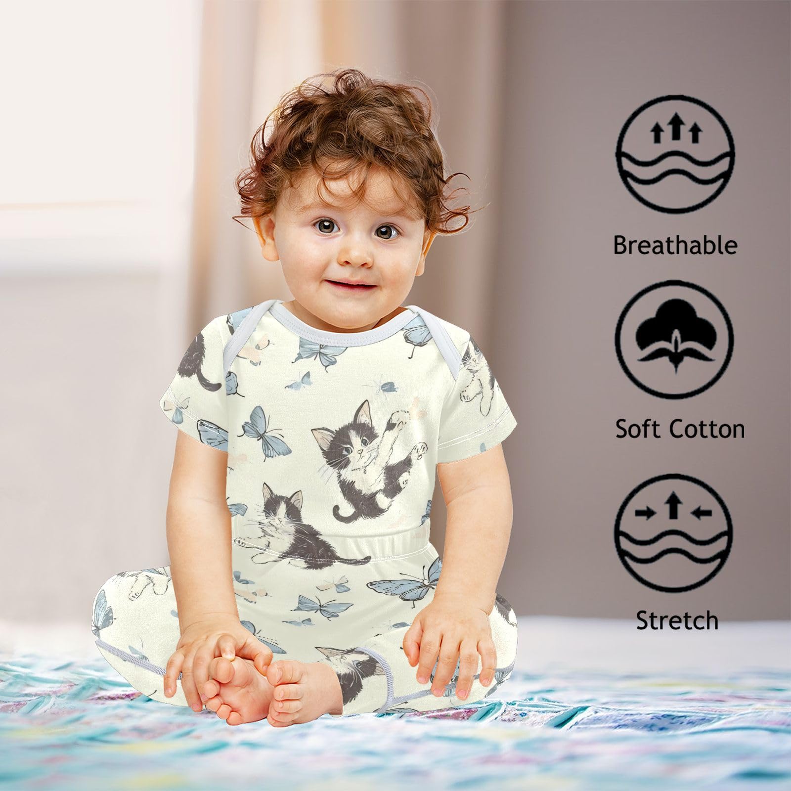 vvfelixl Baby Layette Sets Clothes,Kitten Butterfly Baby Bodysuits Set,Unisex Babys Pants Sets Short Sleeve 12-18M